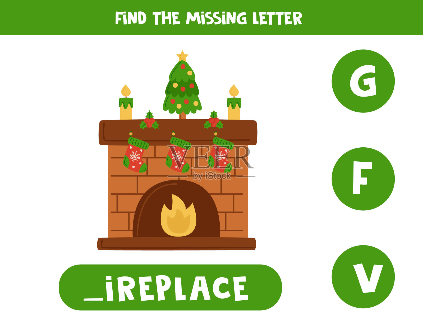 用卡通壁炉找到丢失的信件。拼写工作表。插画图片素材