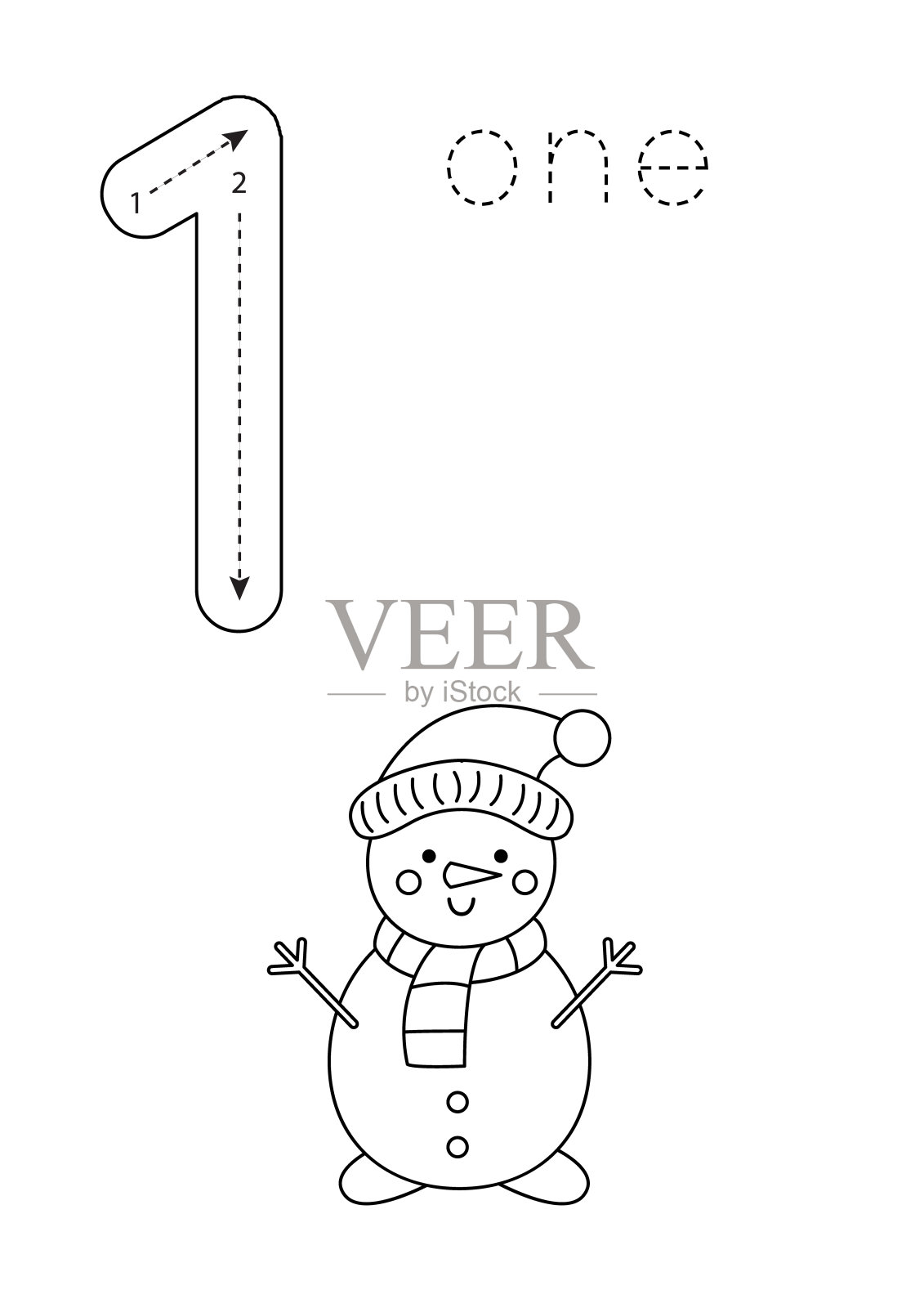 第一张抽认卡。幼儿园工作表。可爱的雪人。插画图片素材