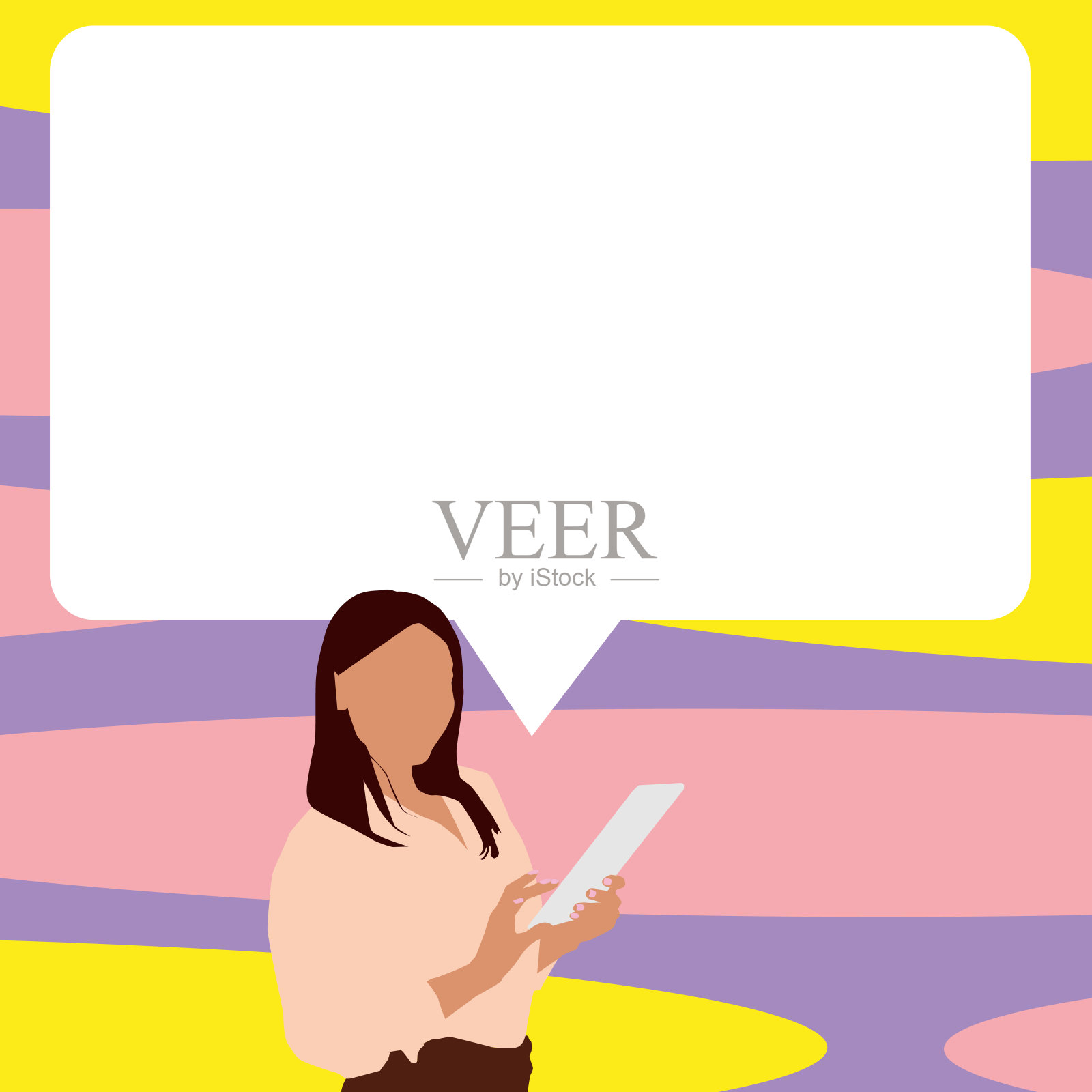 主持人与对话气泡显示新的公告。同事演讲气球展示新鲜和重要的新闻信息。插画图片素材