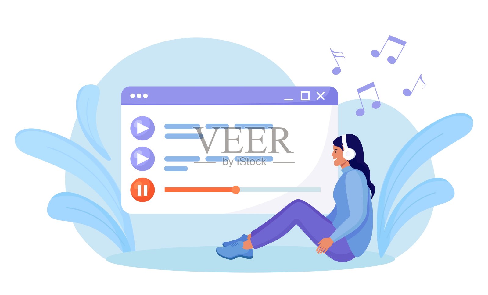 女士戴着耳机听音乐、声音、音频或收音机。娱乐,数字技术。媒体播放器。音乐播放列表。女孩坐着,选择播客,享受播放列表。在线播客插画图片素材