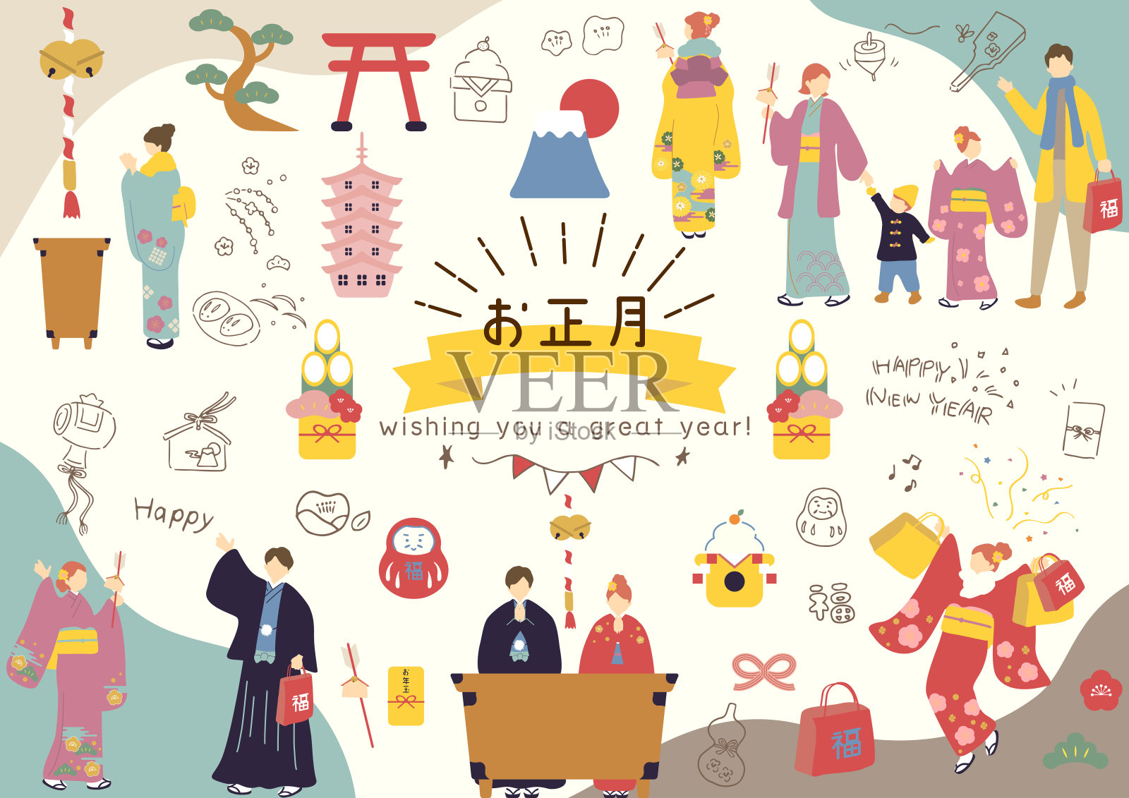 日本新年标志和和服人物的插图插画图片素材