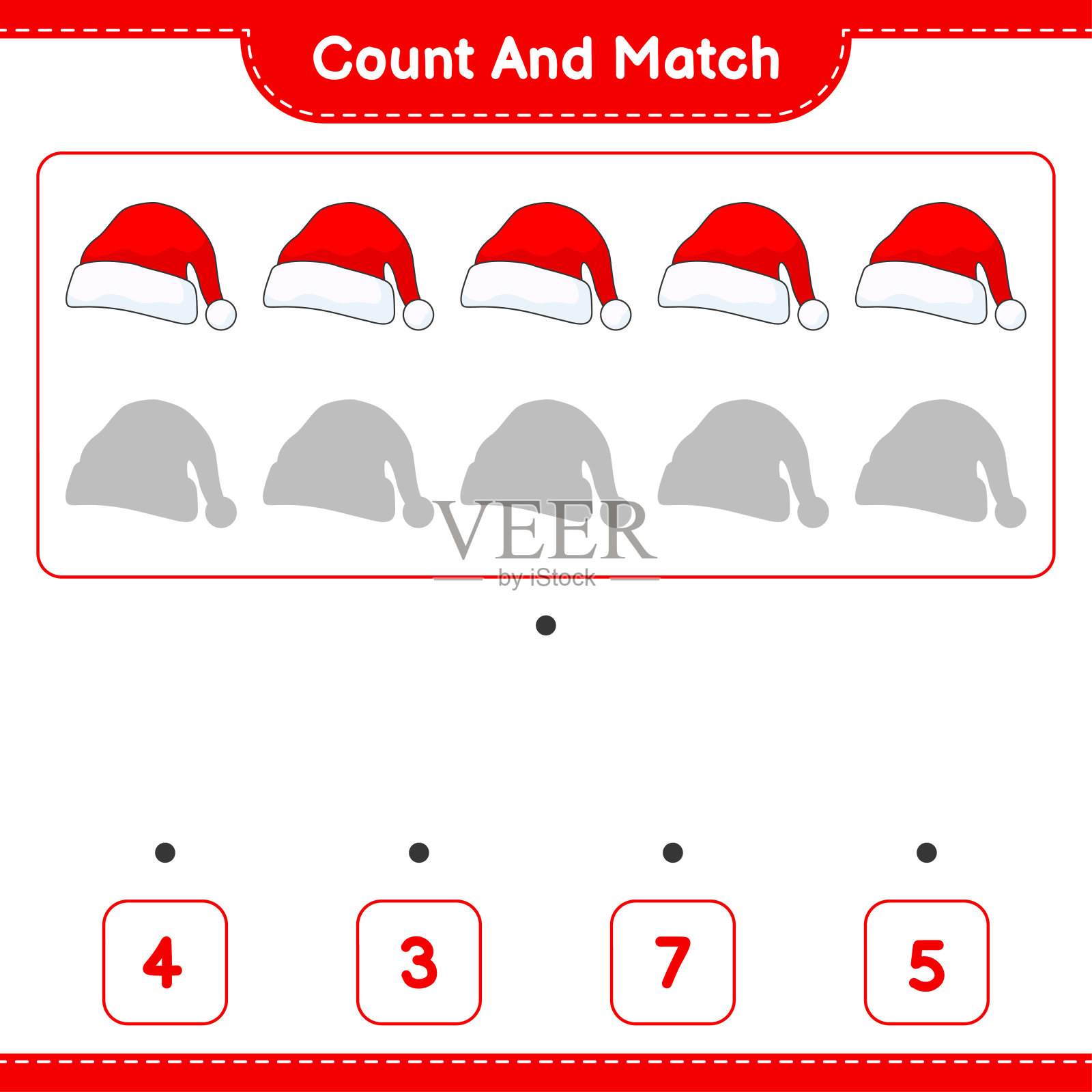 数并配对,数圣诞帽的数量,并与正确的数字配对。教育儿童游戏,可打印的工作表,矢量插图插画图片素材