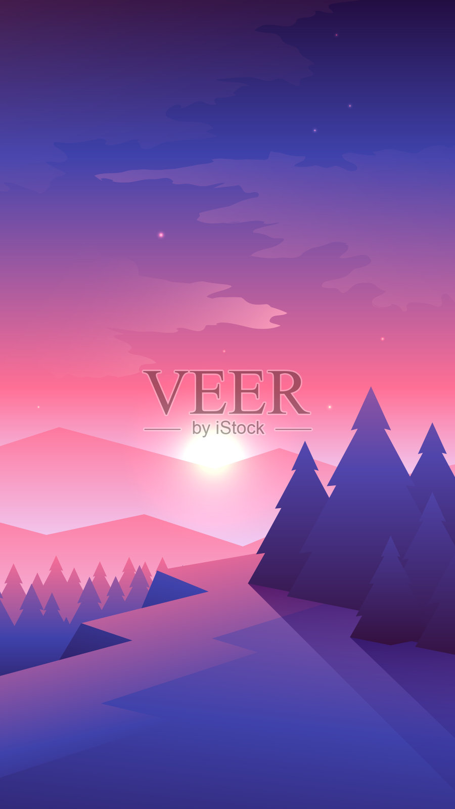 夕阳背景下山崖上的美丽森林插画图片素材