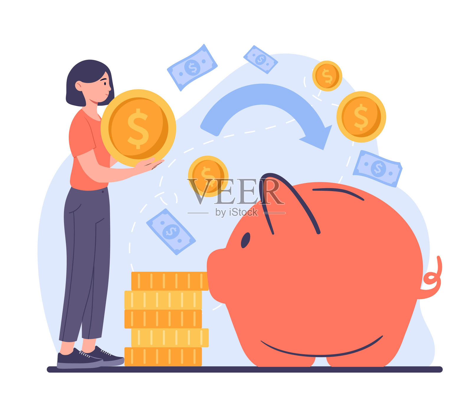 带着存钱罐的女人插画图片素材