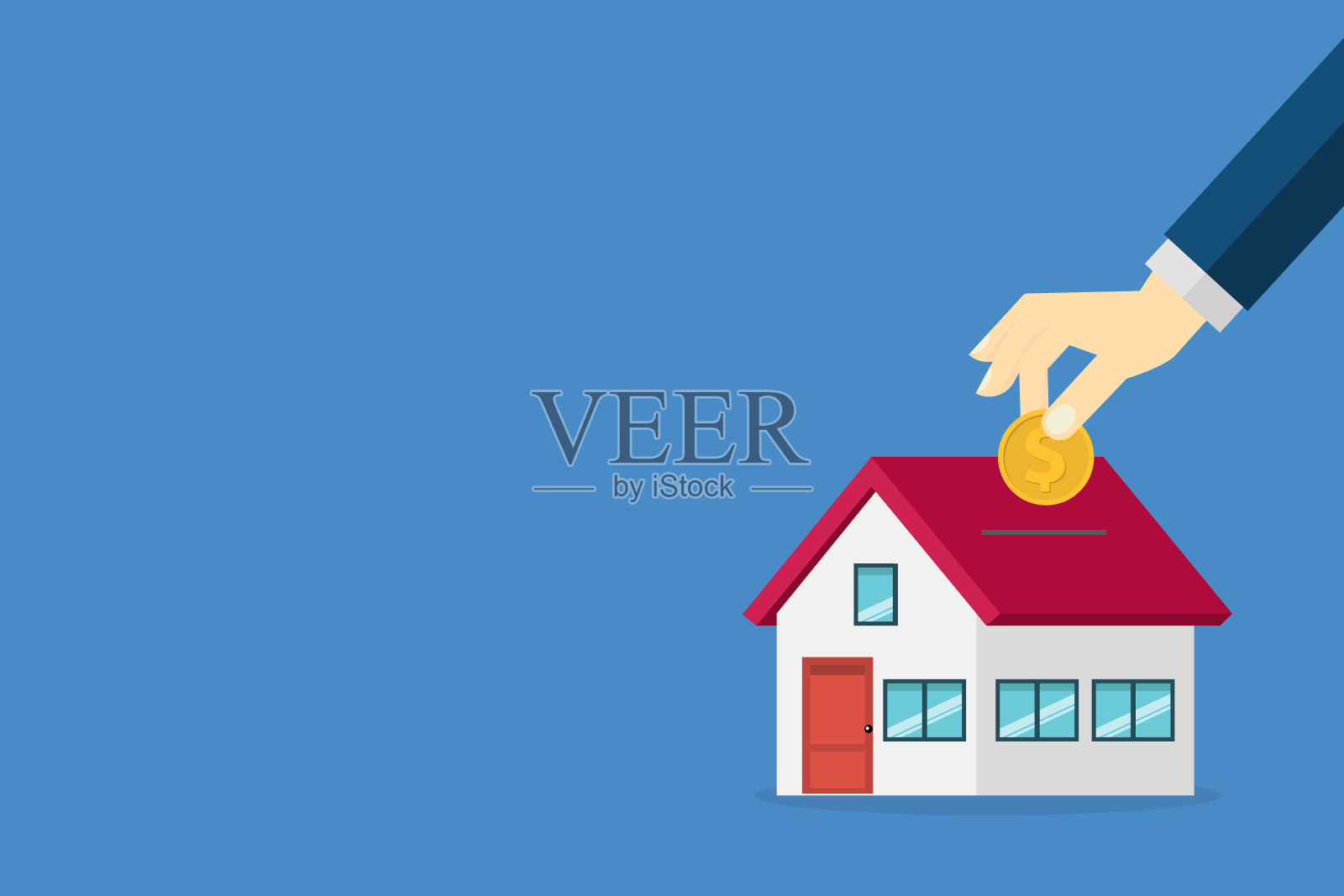 抵押贷款和购房。人手把硬币投入屋顶的投币槽。房地产投资插画图片素材