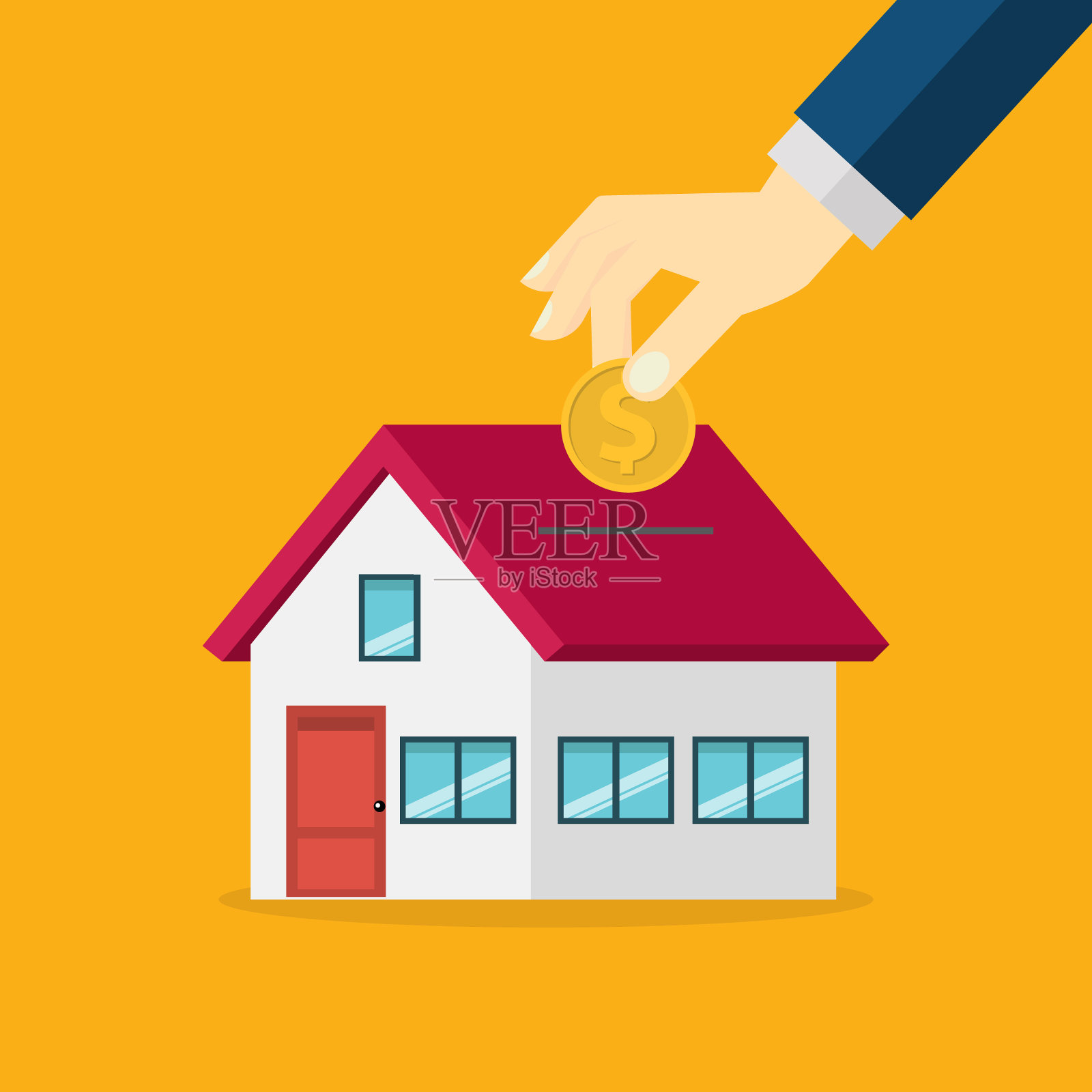 抵押贷款和购房。人手把硬币投入屋顶的投币槽。房地产投资插画图片素材