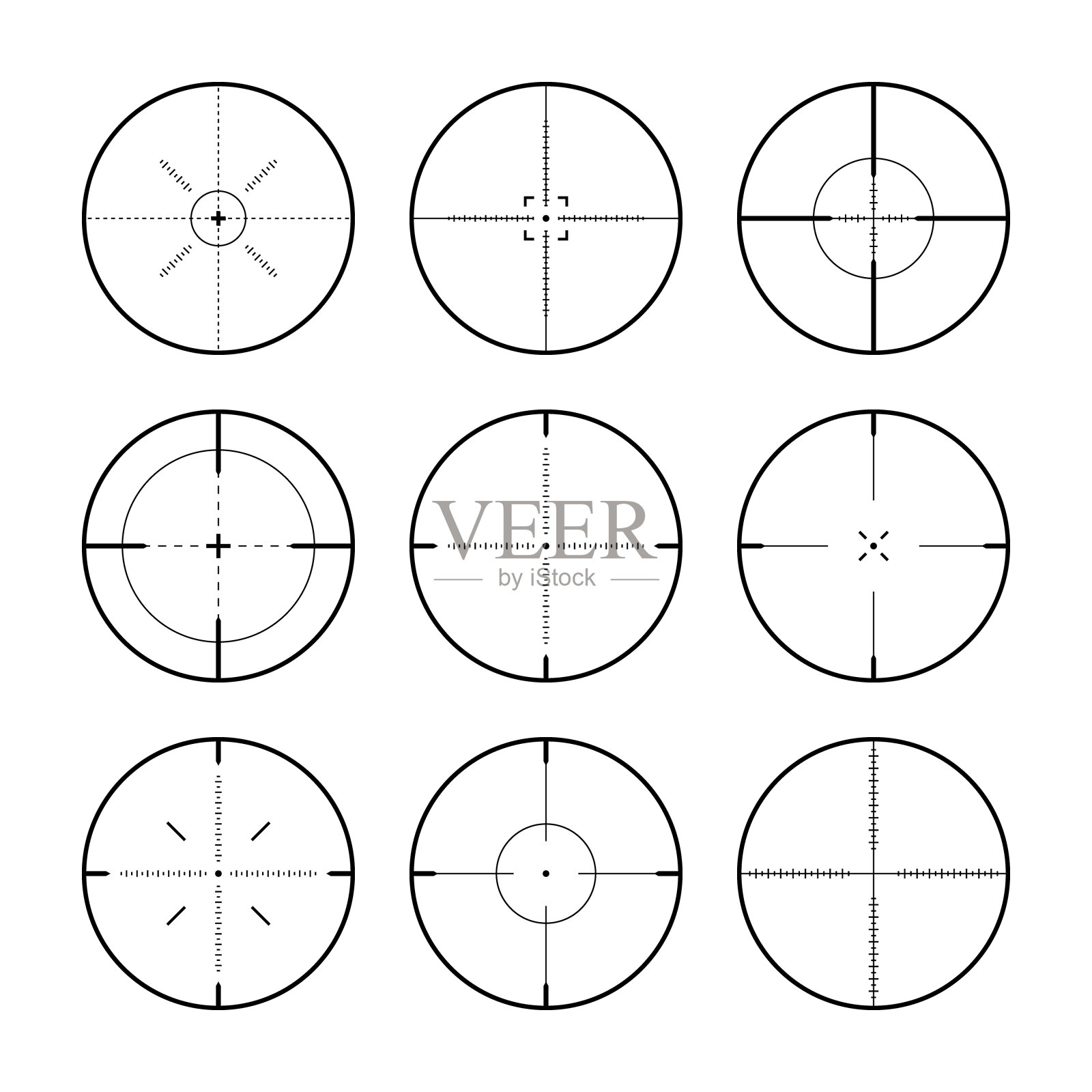 各种狙击步枪瞄准具,武器光学瞄准镜准星。猎枪取景器。射击标志,瞄准。军事目标标志。游戏界面UI元素。矢量图插画图片素材