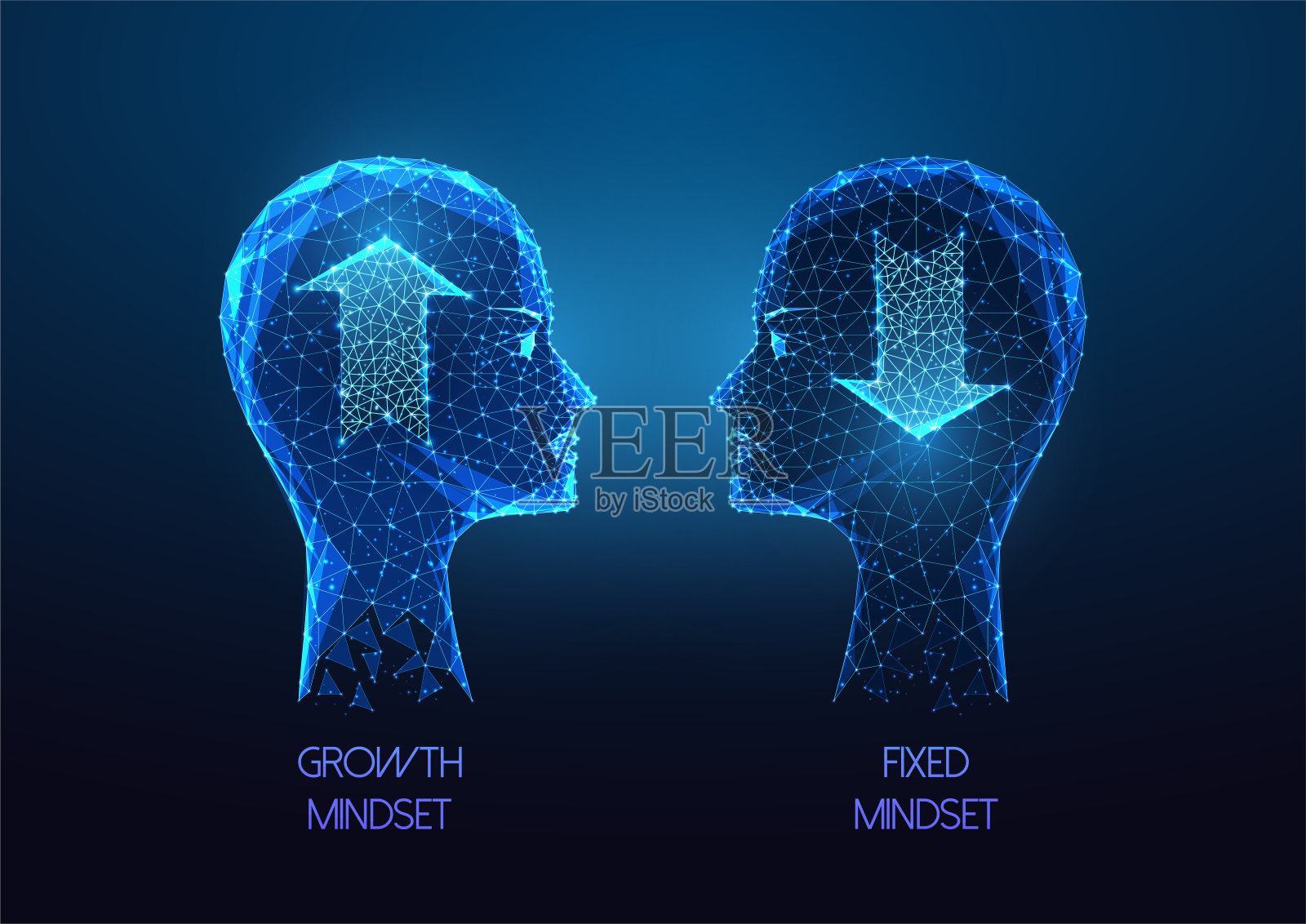 固定和增长的心态概念在未来发光的低多边形风格在深蓝色背景插画图片素材