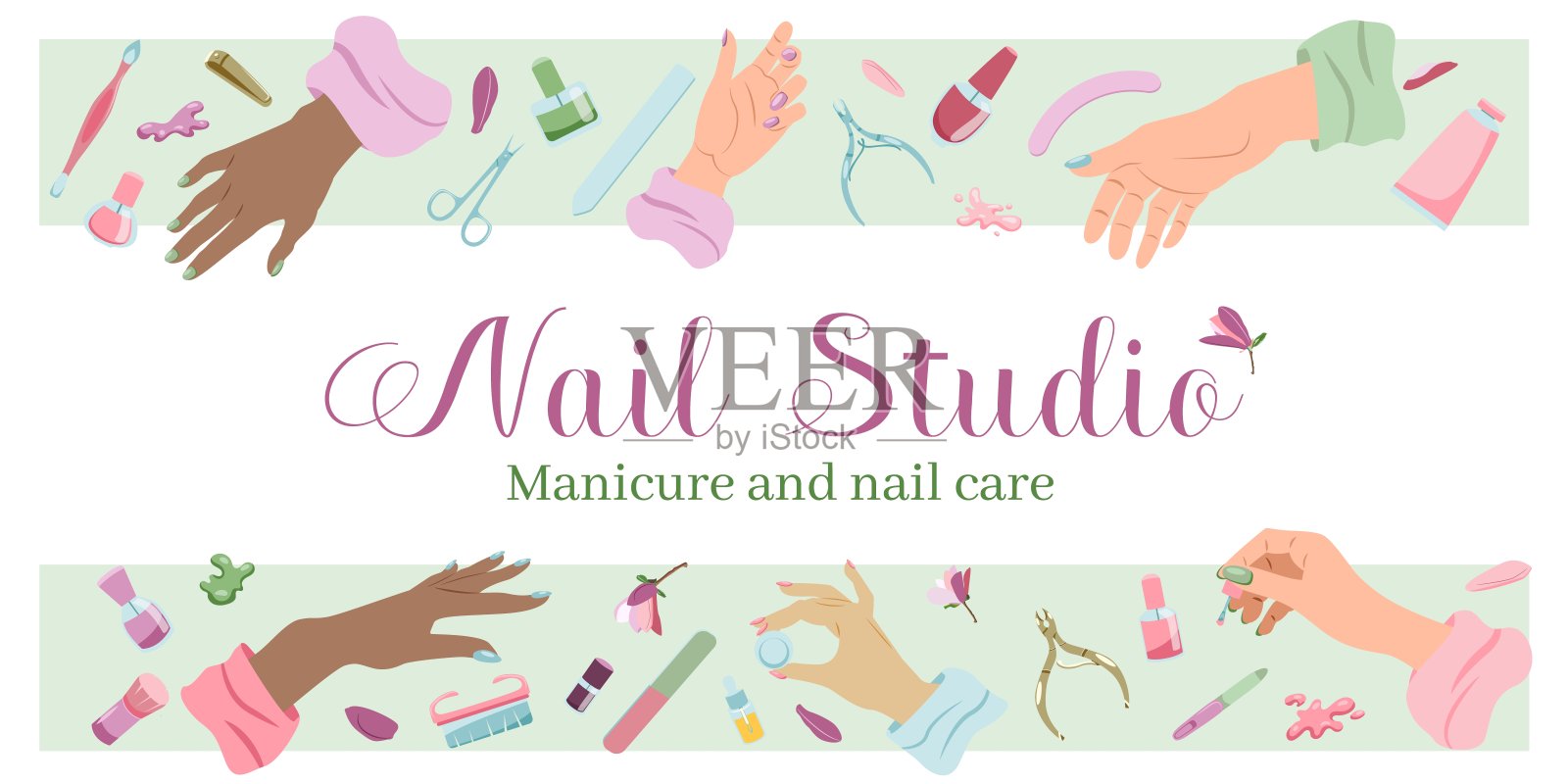 水平旗帜与女性的手和美甲工具设置在平面风格的网页设计插画图片素材