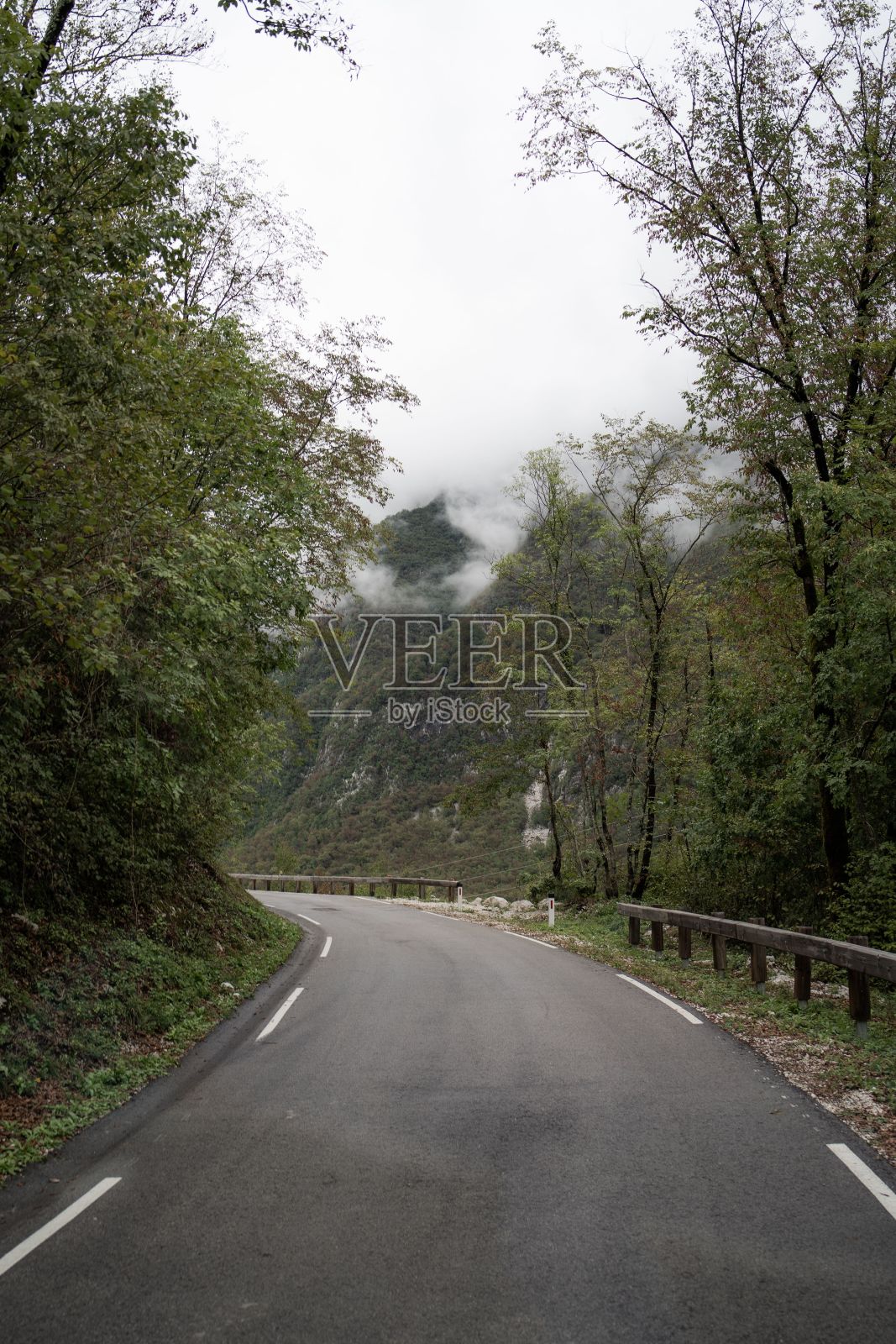 垂直拍摄的高速公路通过郁郁葱葱的树木和雾蒙蒙的山为背景照片摄影图片