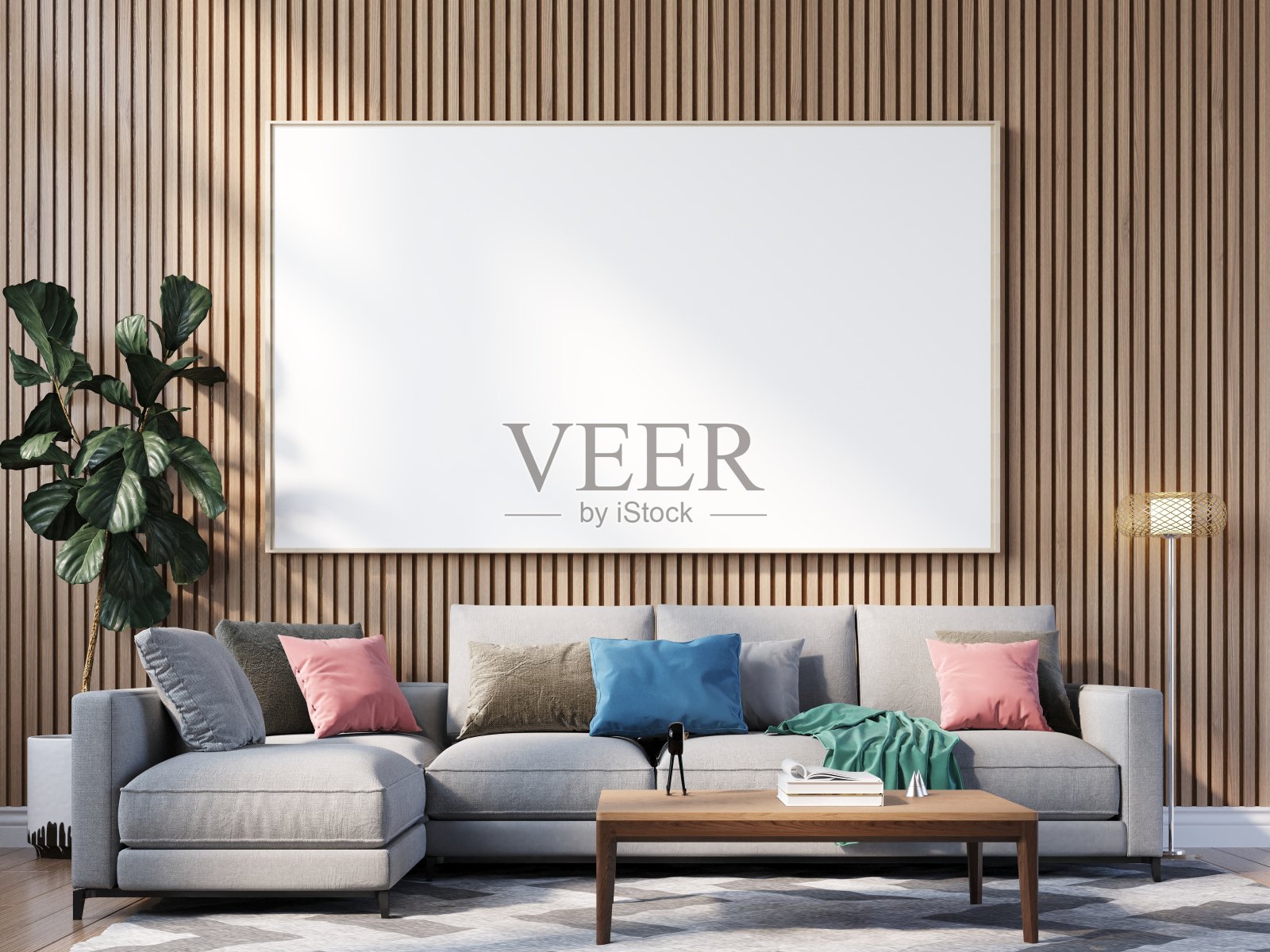 模拟海报框架在现代室内木地板混凝土墙背景,斯堪的纳维亚风格,阁楼风格,3D渲染照片摄影图片