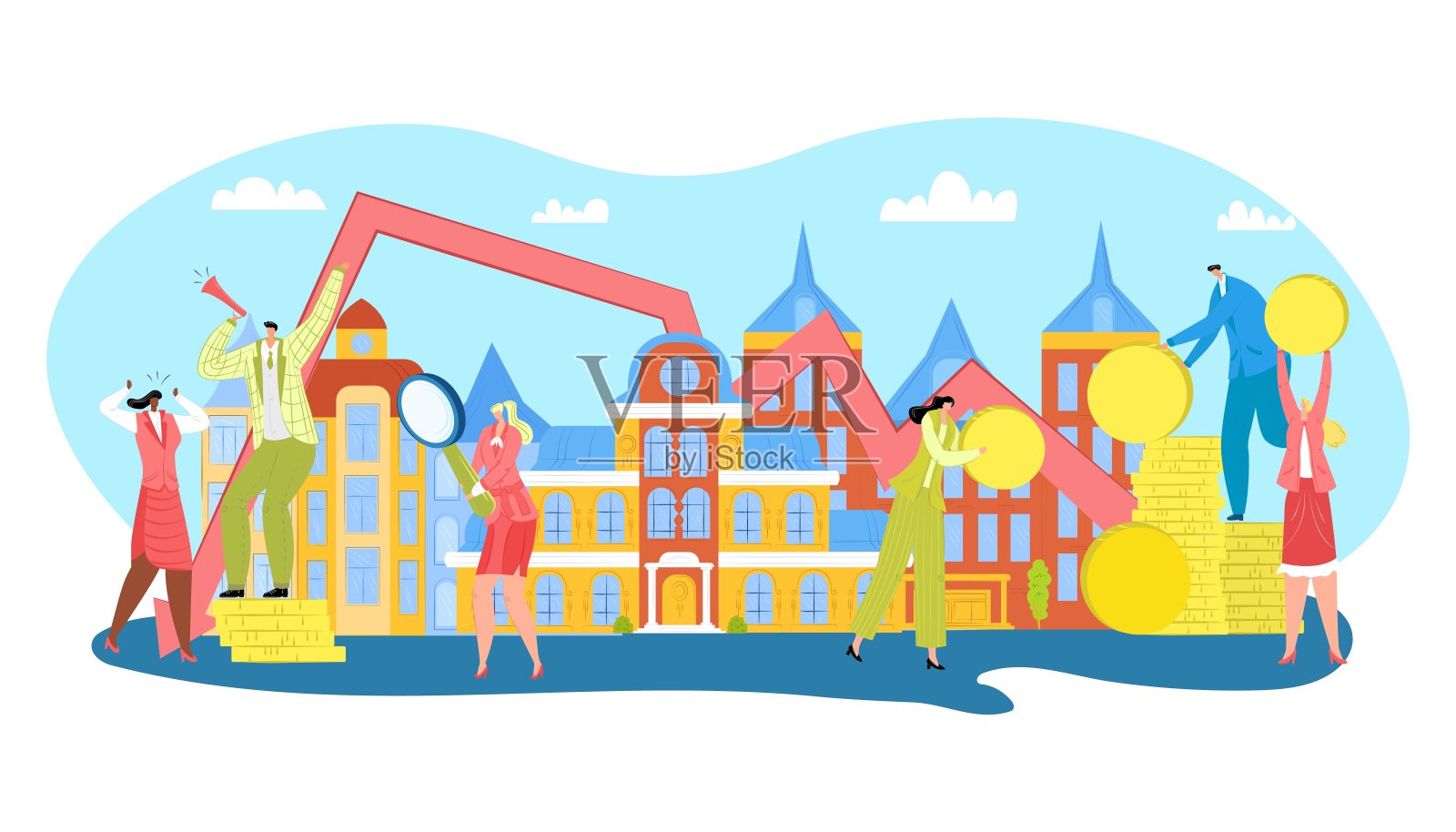 贡献房地产,抵押财产矢量插图。现金硬币落在房子和有投资的人身上。插画图片素材