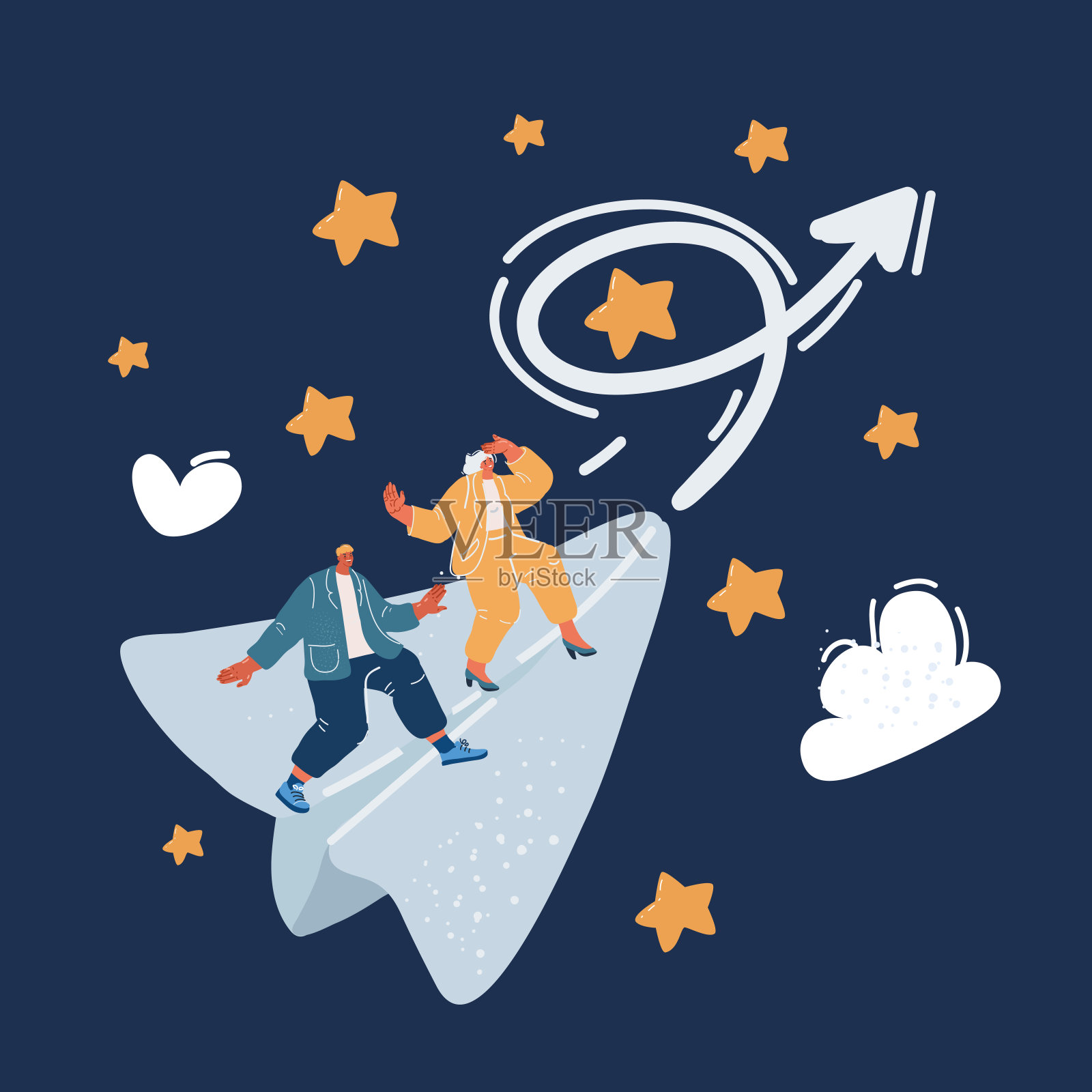 卡通矢量插画的人在纸飞机上飞在天空插画图片素材