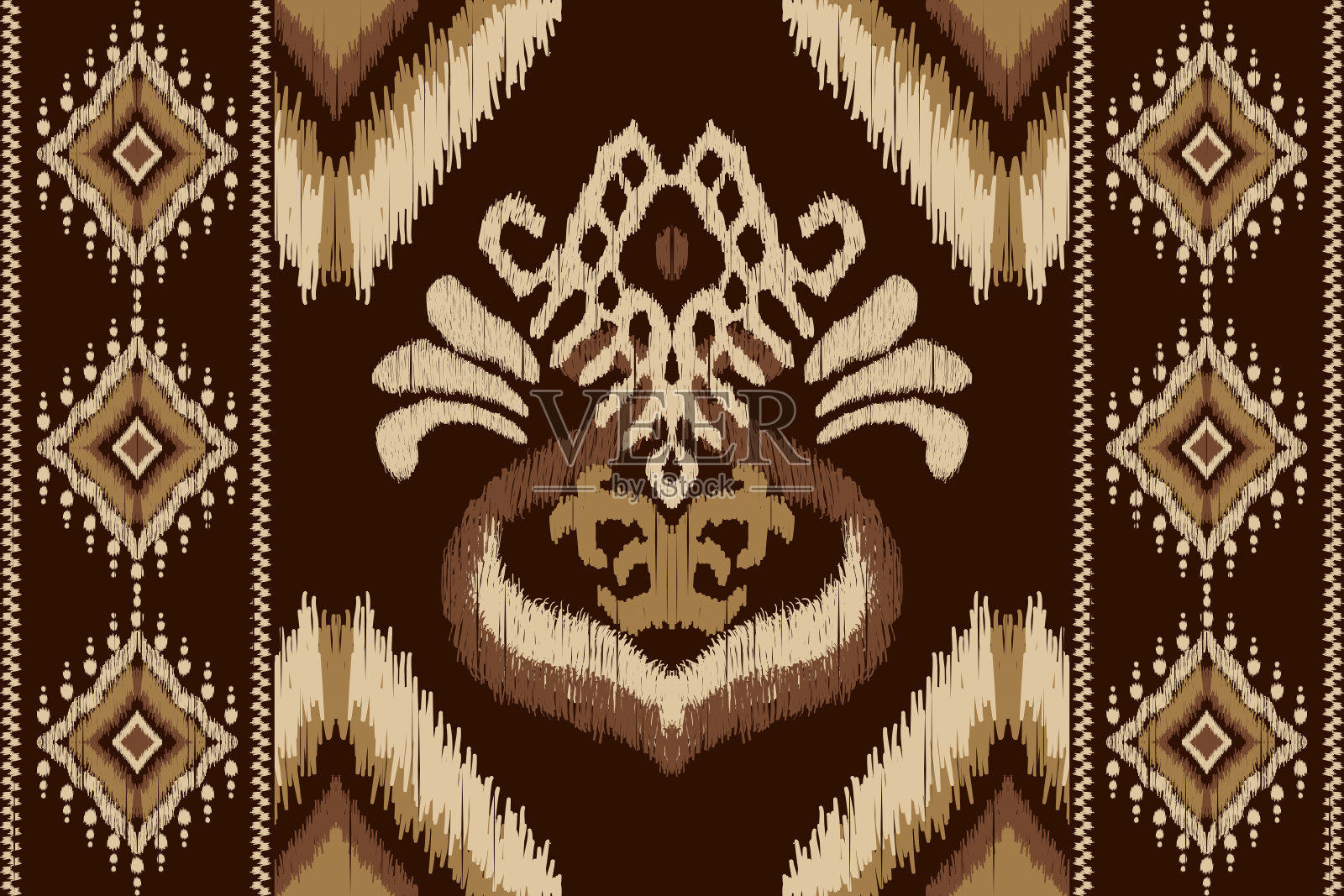 非洲伊卡特涡纹刺绣在棕色背景插画图片素材
