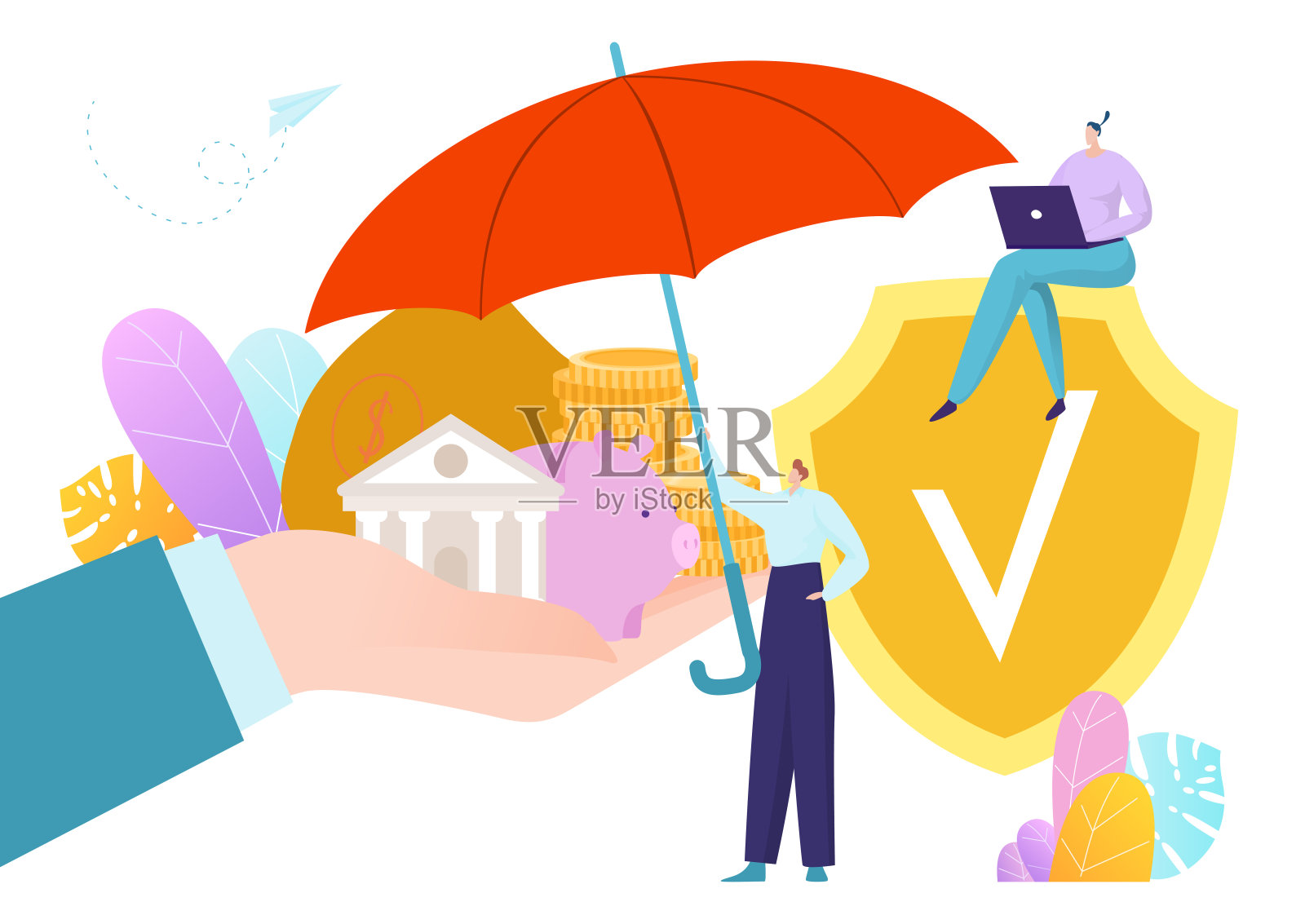 商人伞金融保险,手持叠金币现金硬币美元平矢量插图,孤立在白色。插画图片素材