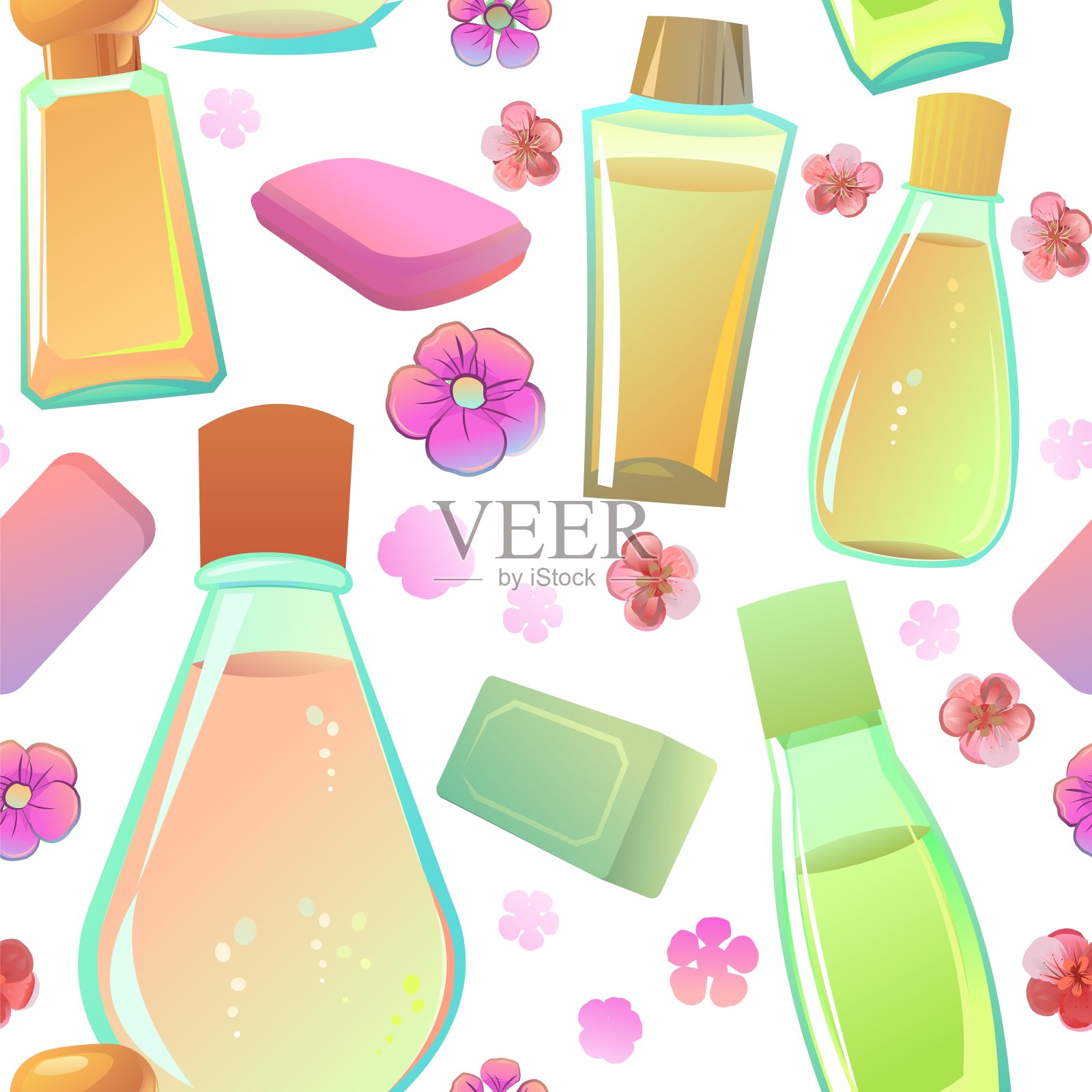 有花香的洗发水和肥皂。项目无缝模式。卡通风格。用于清洗身体和物体的洗涤剂。泡沫卫生液。孤立的白色背景。向量。插画图片素材