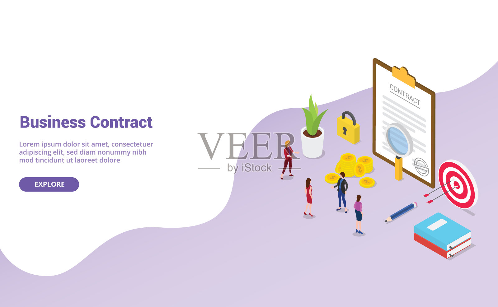 商务合同协议的概念与团队人与现代等距平面风格为网站模板或登陆首页横幅-矢量插画图片素材