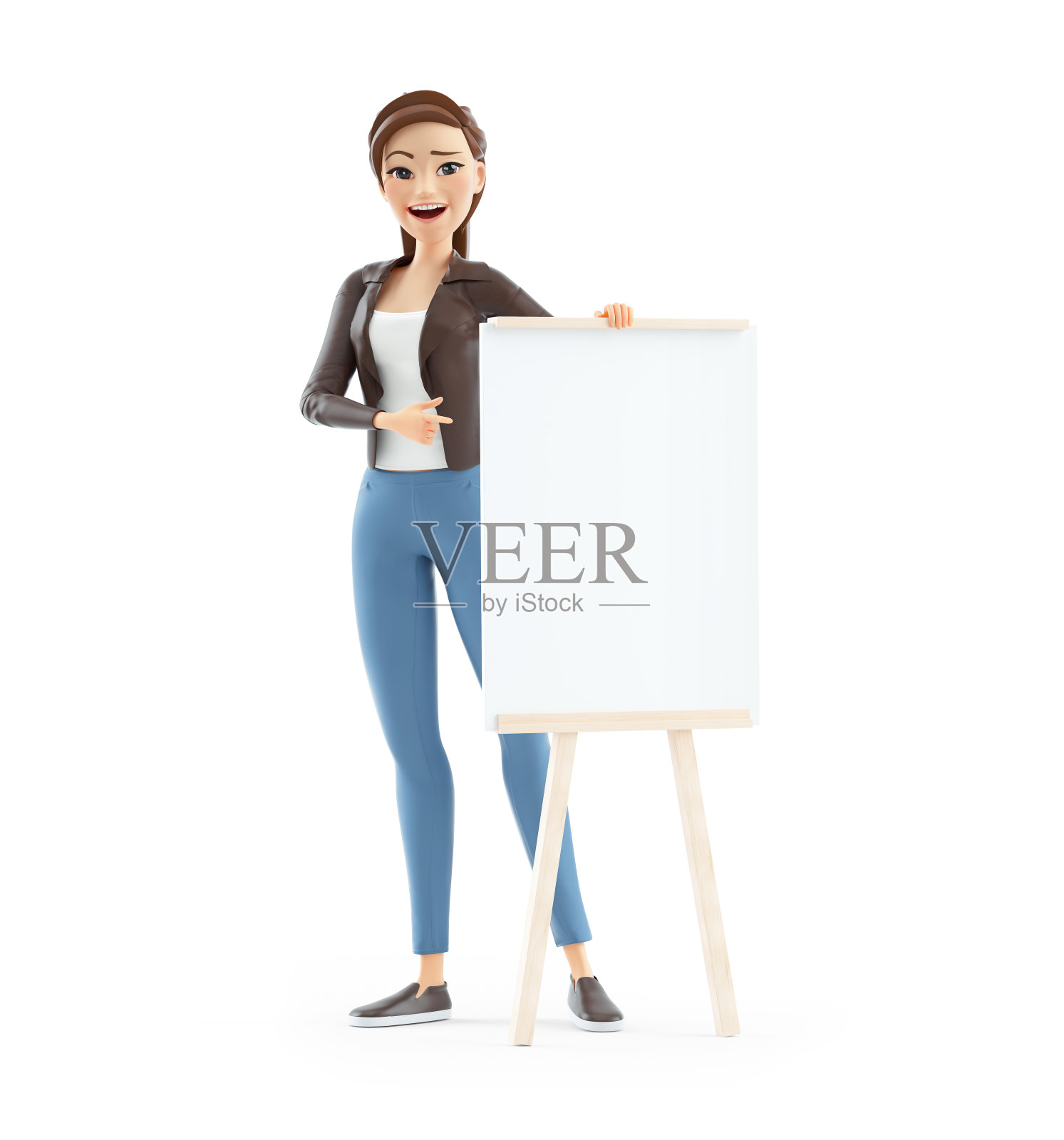 3d卡通女性指向木制画架与空白画布照片摄影图片