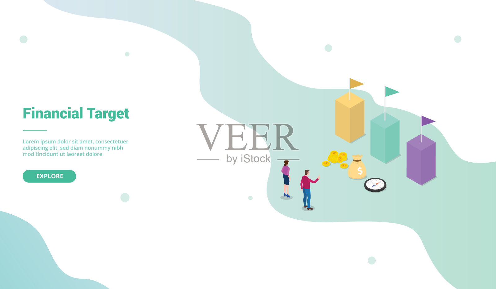 基于等距风格向量的网站模板或登陆首页财务目标选择决策设计模板素材