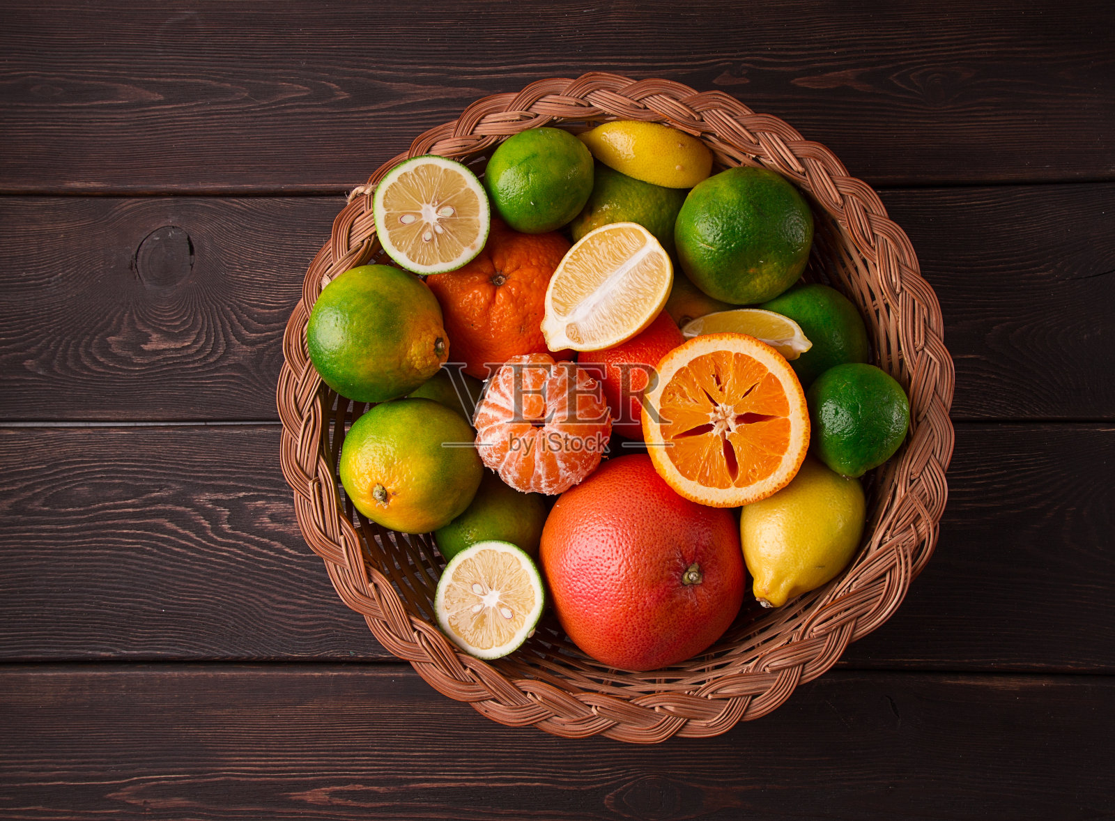 各种各样,柑橘类水果,放在篮子里,特写,俯视图,没有人,照片摄影图片