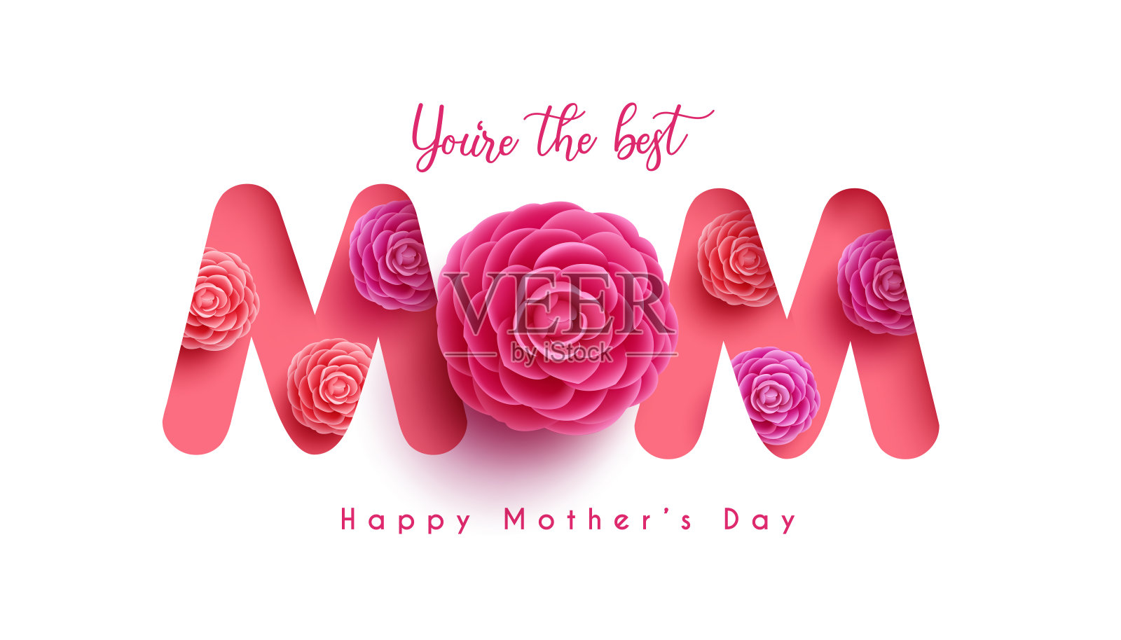 母亲节快乐文字矢量设计。最好的妈妈版式与花玫瑰和茶花元素插画图片素材