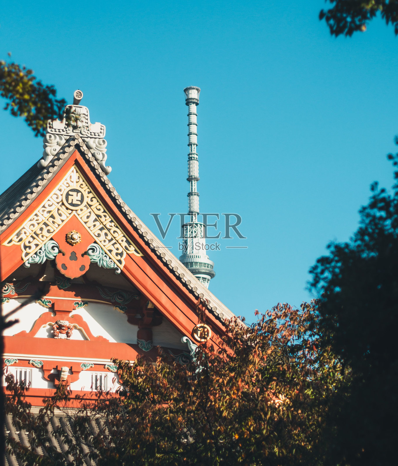 中国北京的紫禁城,背景是东京的天树塔照片摄影图片