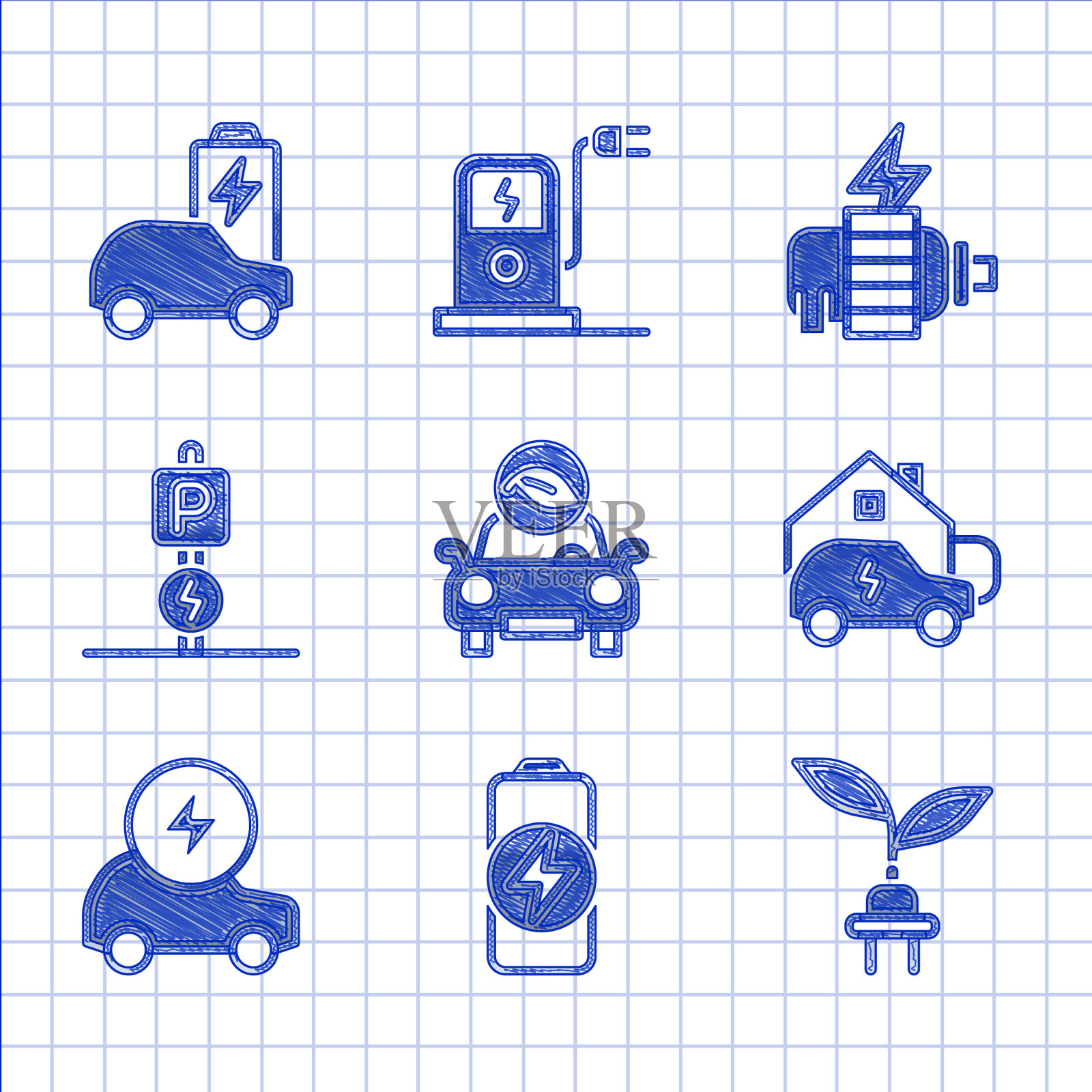 设置环保汽车蓄电池充电节电插头图标素材