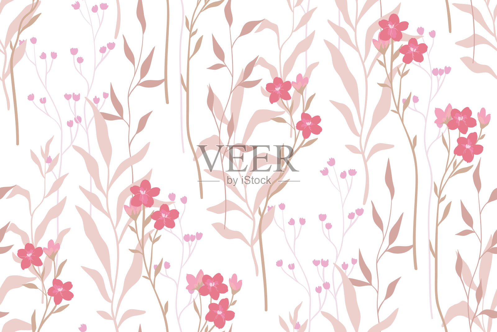 无缝的花卉图案,精致的花卉印刷与树枝,草药,叶子在白色背景上的小花。向量。插画图片素材