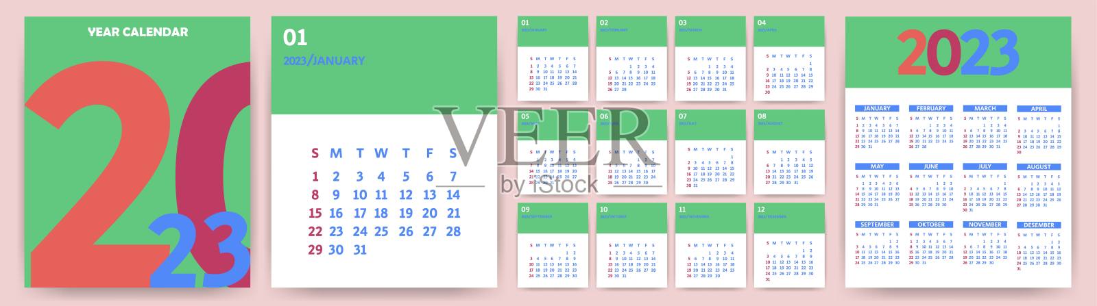 2023年日历。2023年的月历模板。这周从星期天开始。日历设计在绿色,红色,蓝色的颜色。向量设计模板素材