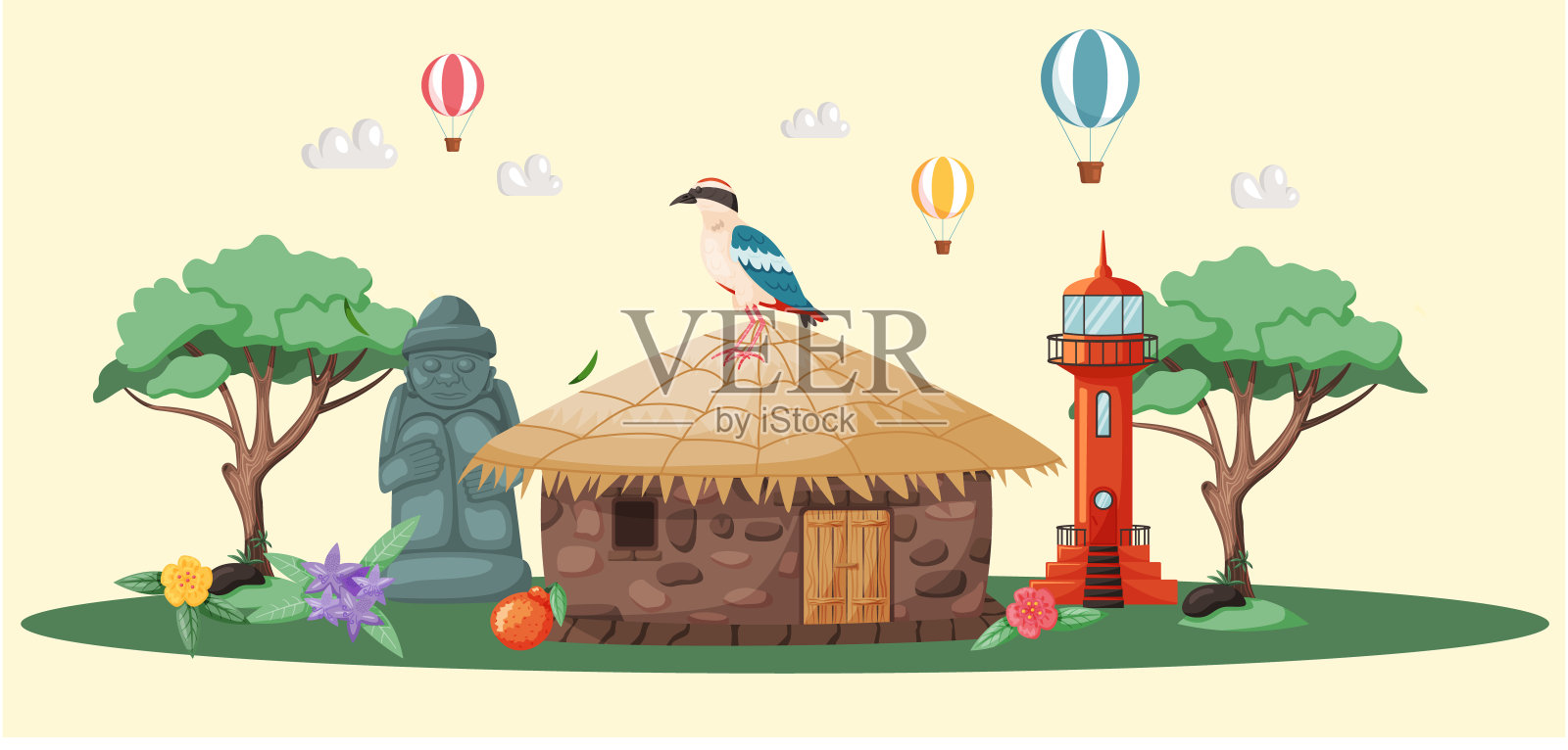 济州岛为韩国著名的旅游景点路线。为旅行者设计的场所插画图片素材