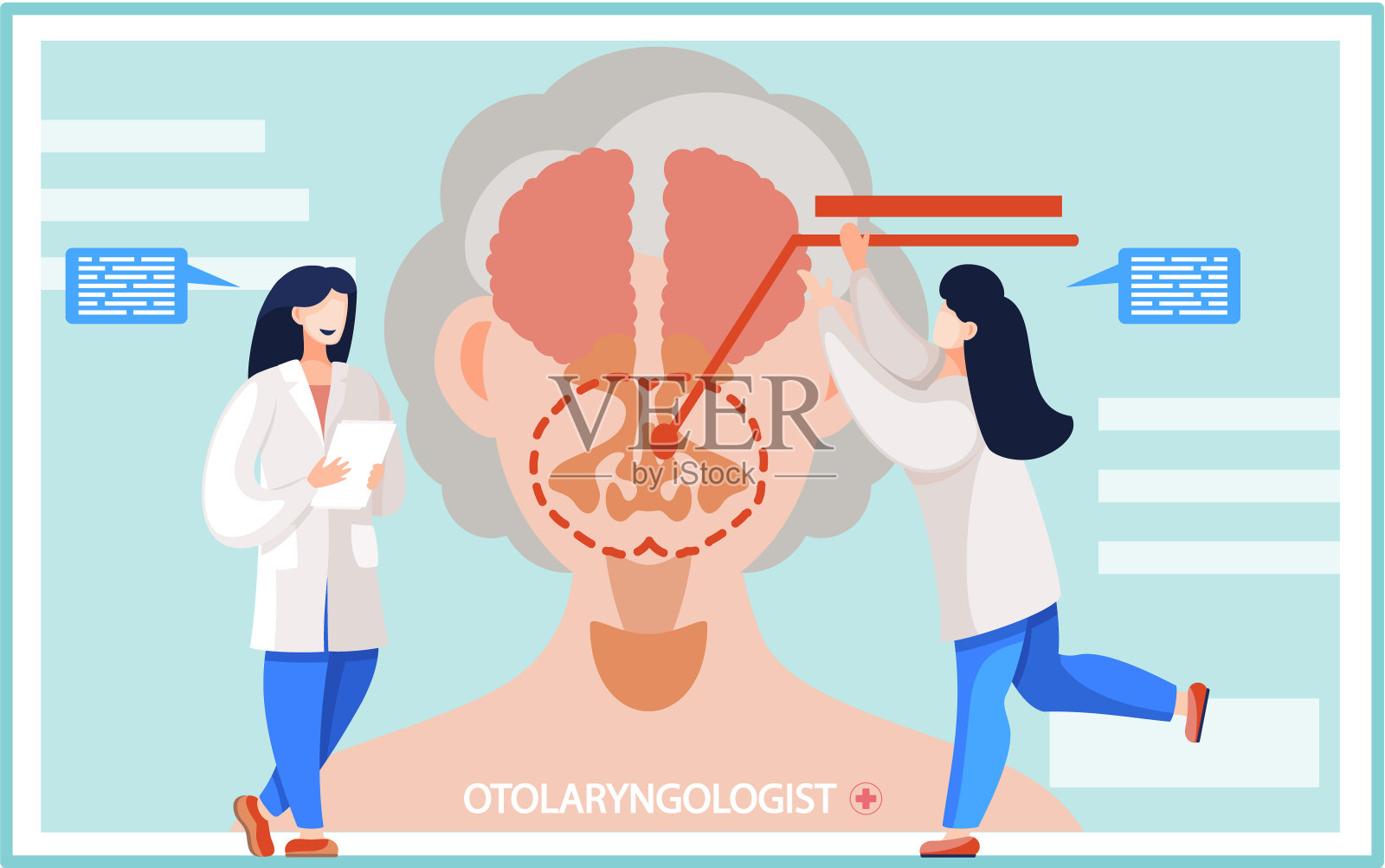 耳科医生和患者:耳鼻喉科医疗保健或耳鼻喉科疾病插画图片素材