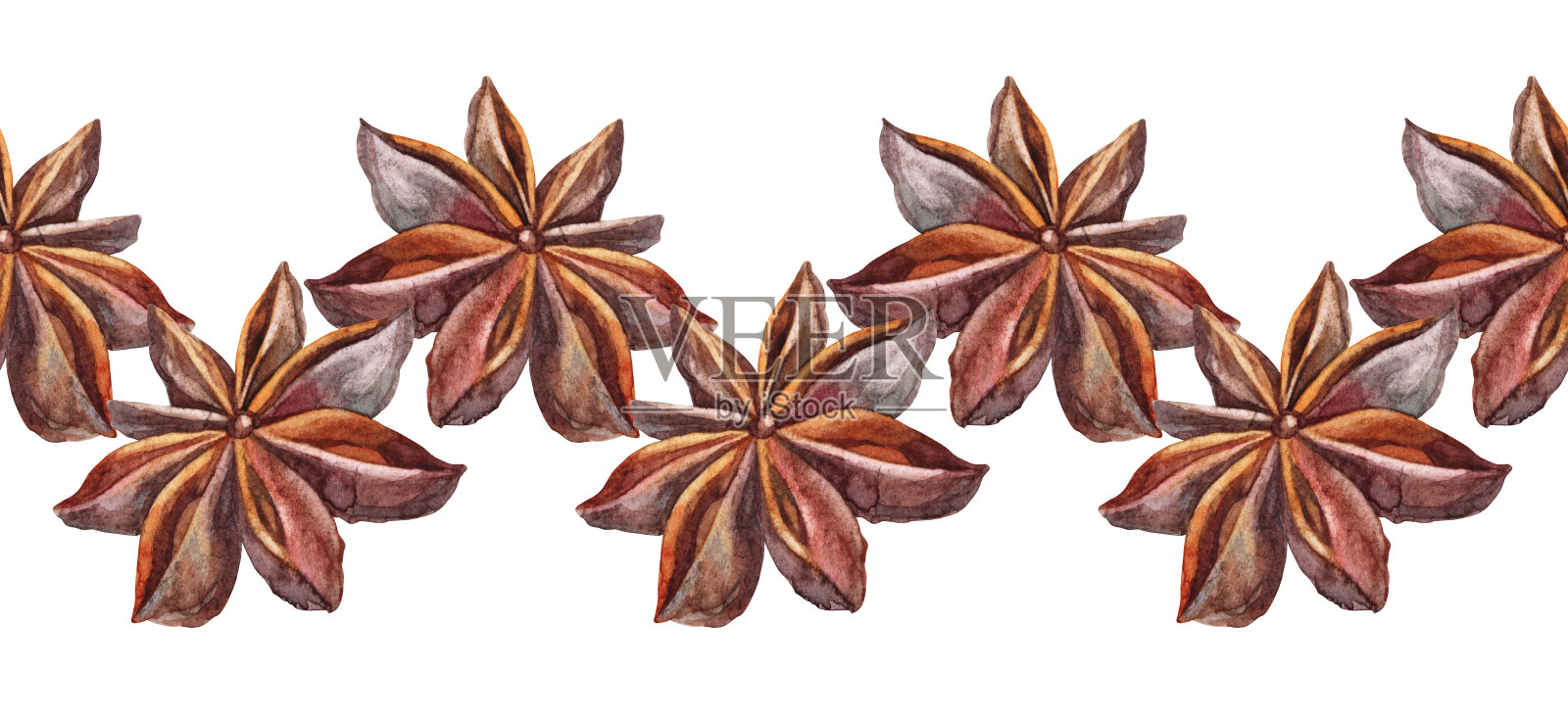 无缝边缘水彩baddian在白色背景。手绘调味品茴香甜点或饮料,烹饪书或厨房装饰。香味棕色圣诞食品。墙纸包装的芳香边界插画图片素材