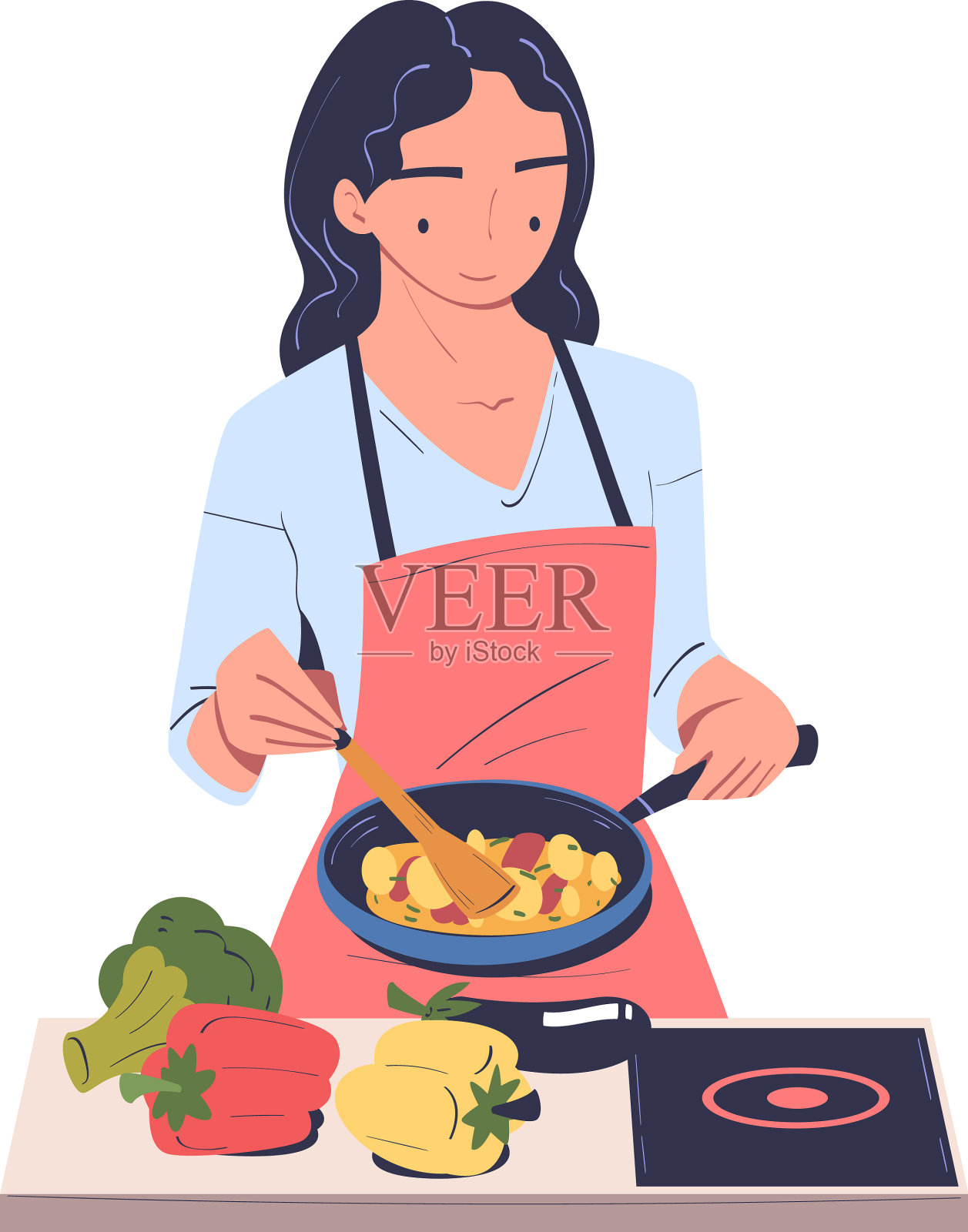 女人角色站在家里的桌子旁做饭设计元素图片