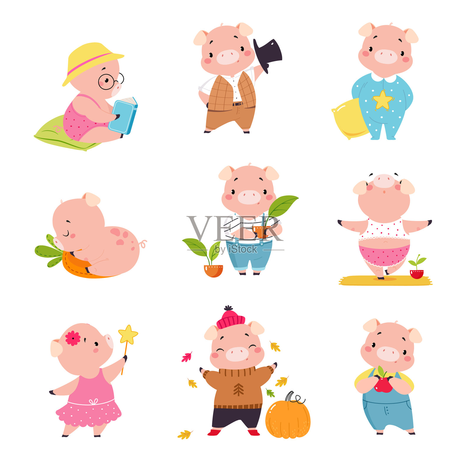 小粉猪性格不同插画图片素材