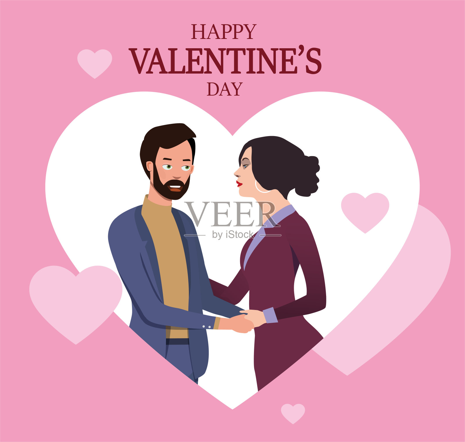 一个男人和一个女孩在情人节手牵手。向量。插画图片素材