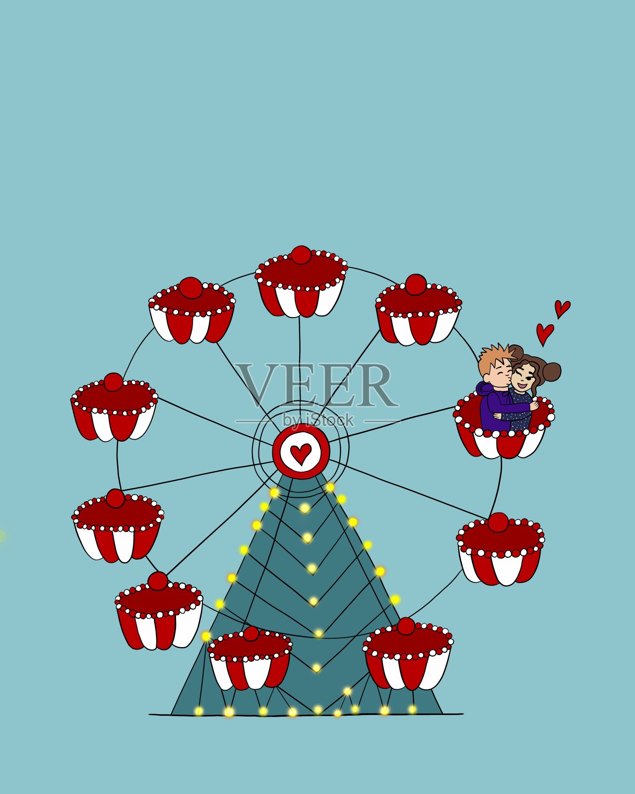 插图。卡通情侣坐在彩色摩天轮上,男孩吻了女孩的脸颊,女孩笑了。蓝色的背景,浪漫的氛围,情人节快乐插画图片素材