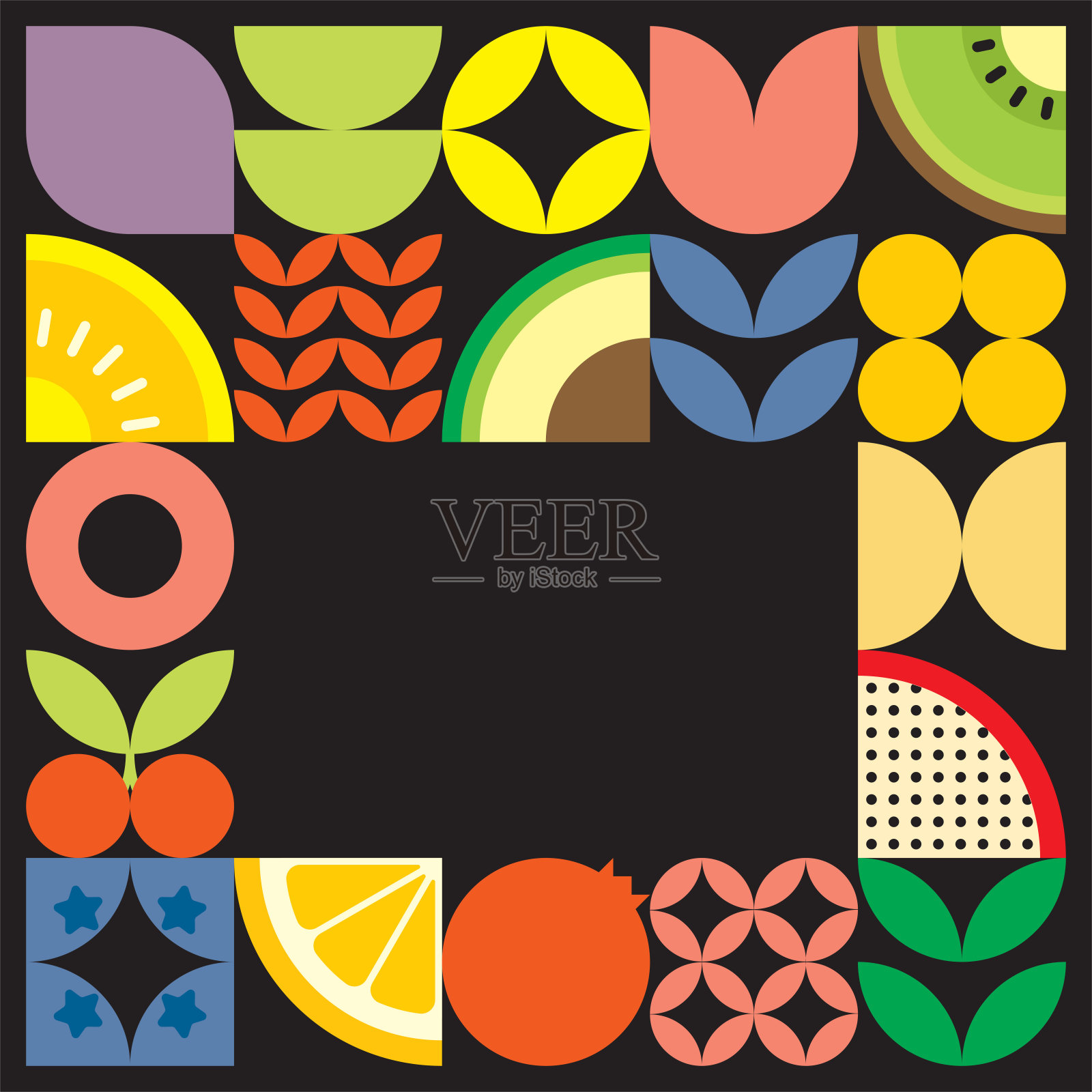 几何夏天新鲜水果切割艺术海报色彩简单的形状。斯堪的纳维亚风格的平面抽象矢量图案设计。极简主义的水果和树叶的黑色背景插图。插画图片素材