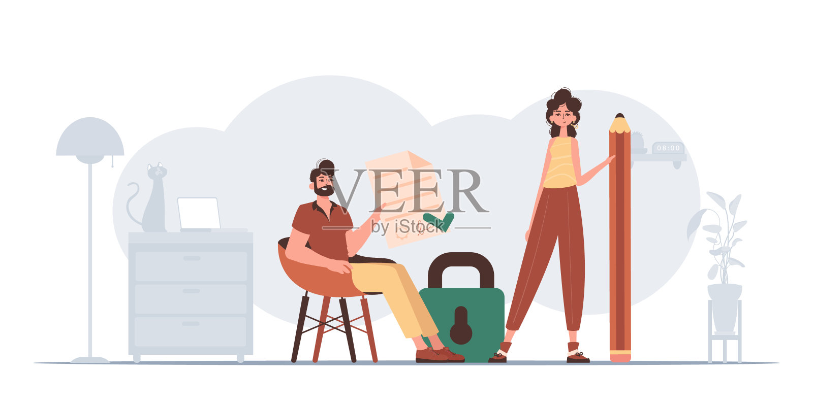 男孩和女孩签了一份合同。签署智能合约的概念。数据保护。趋势风格性格。插画图片素材