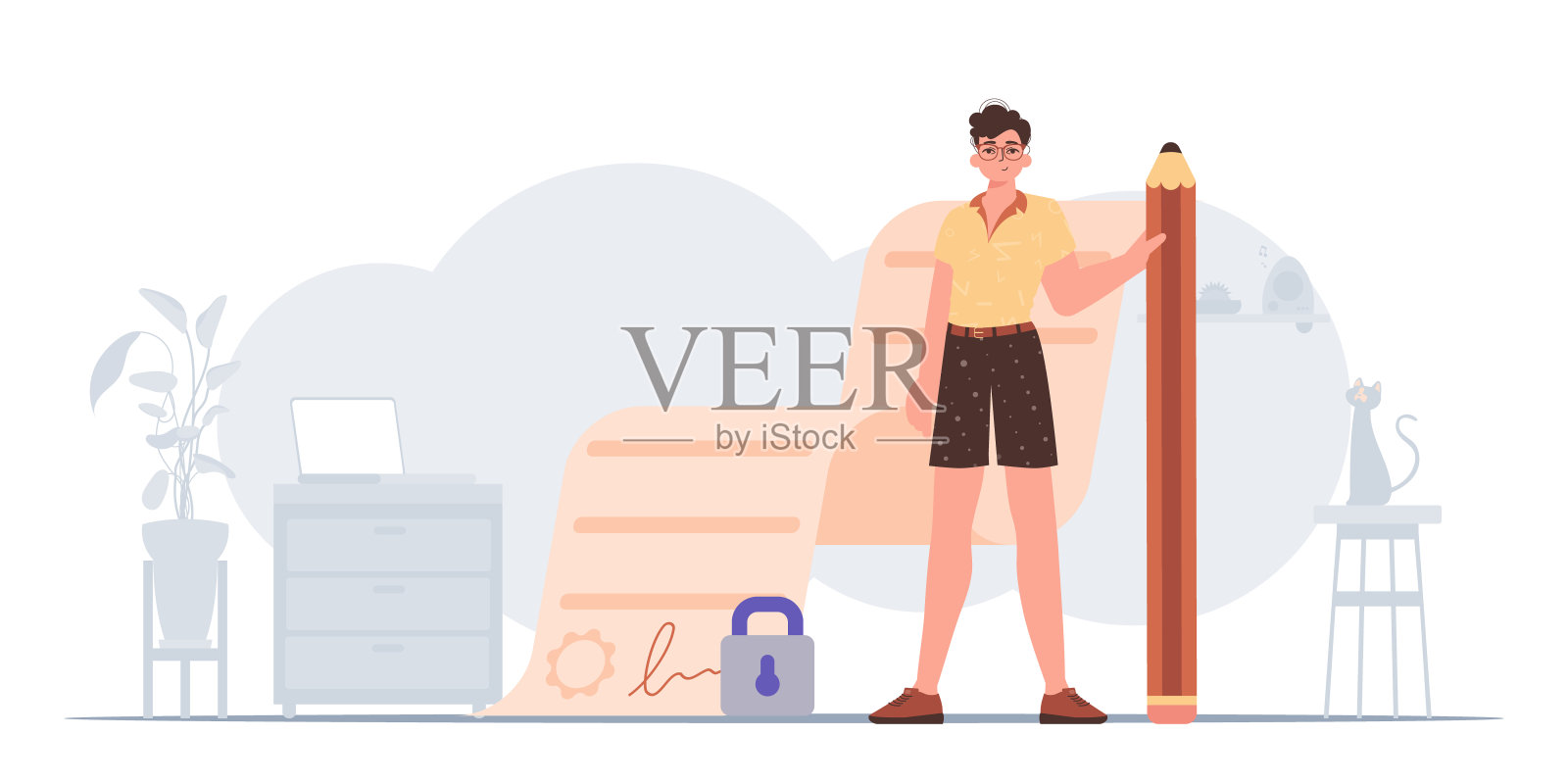 签订合同的概念。数据保护。那个人站在一份大文件旁边,手里拿着一支铅笔。插画图片素材