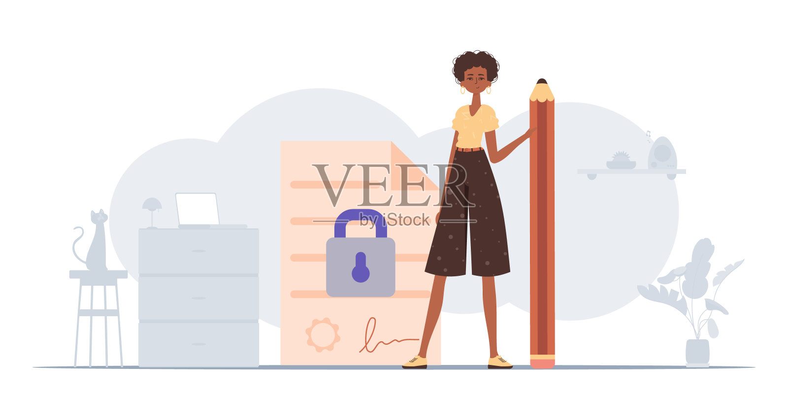 签订合同的概念。数据保护。一个女人站在一份大文件旁边,手里拿着一支铅笔。插画图片素材