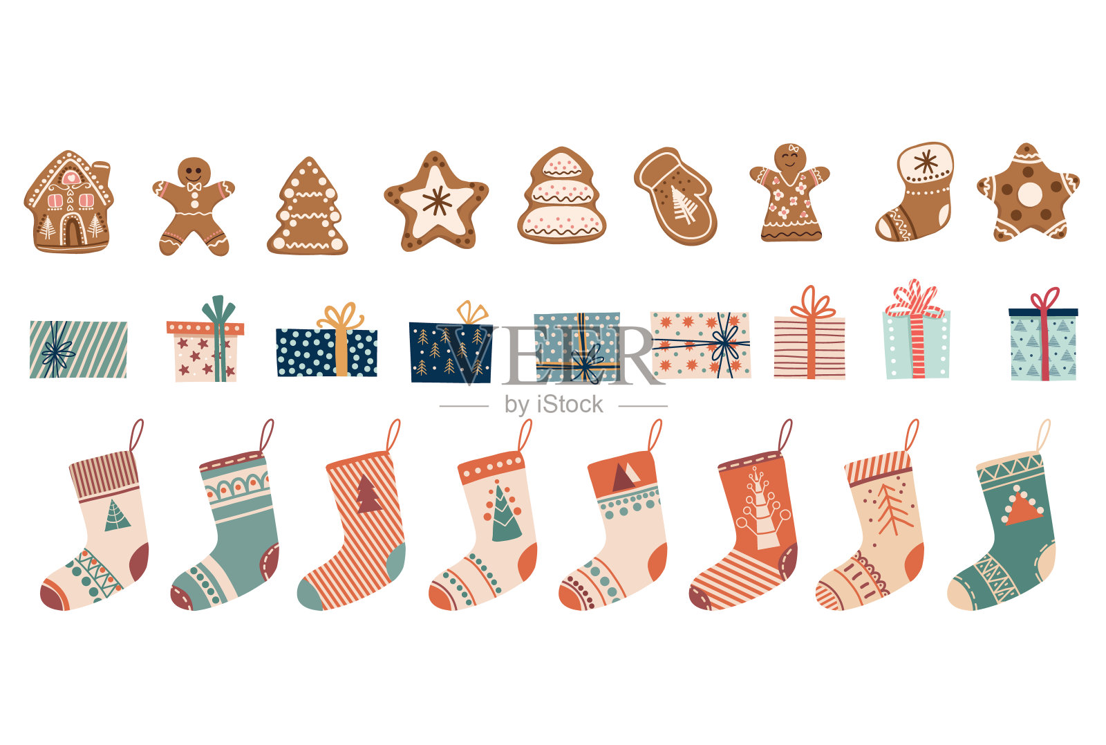 圣诞袜,圣诞礼物和姜饼。手绘圣诞元素的插图插画图片素材