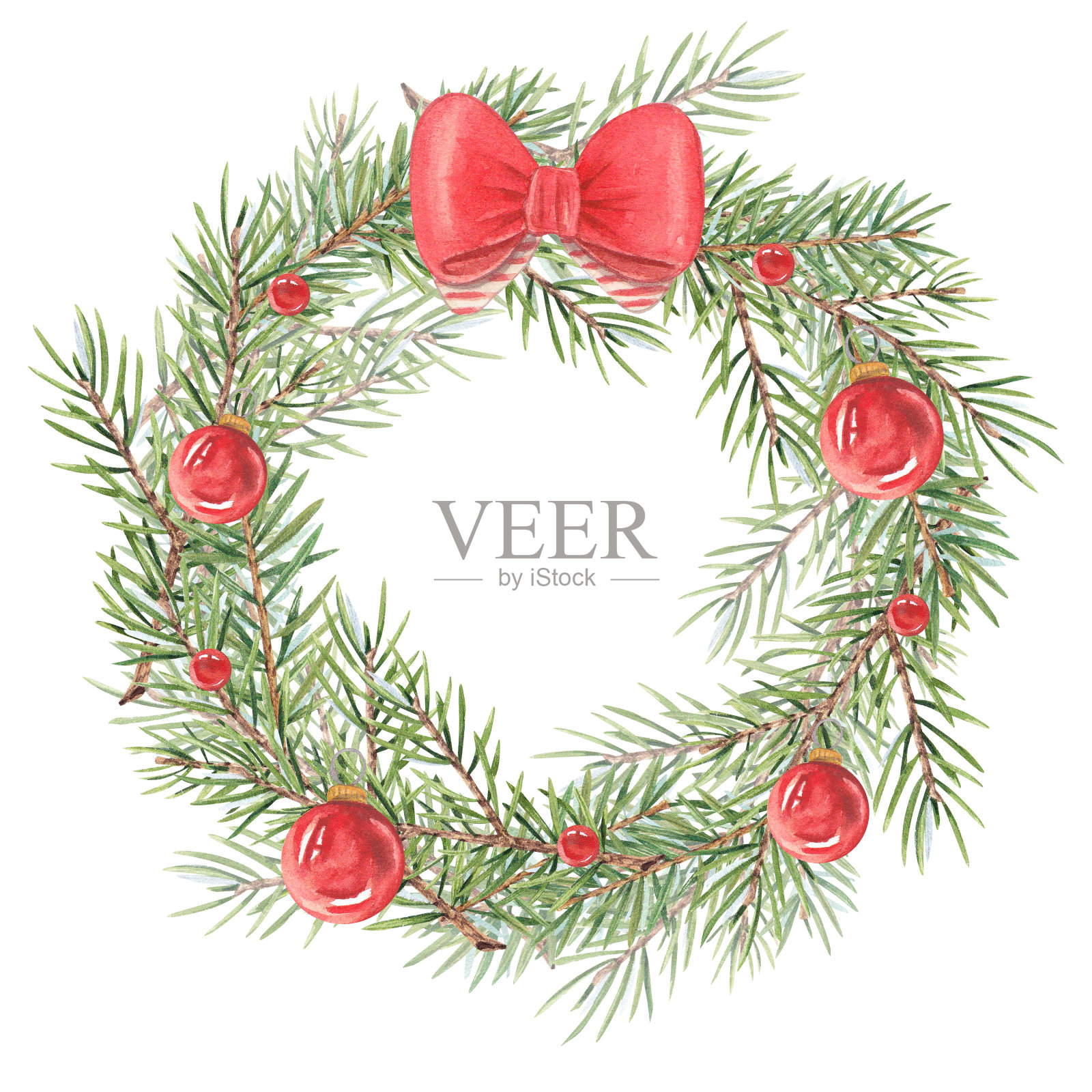 水彩花环与圣诞树的树枝在白色的背景。还有圣诞树玩具和蝴蝶结。红色的圣诞球。由细树枝制成的复古框架。适用于圣诞卡,印刷,设计。插画图片素材