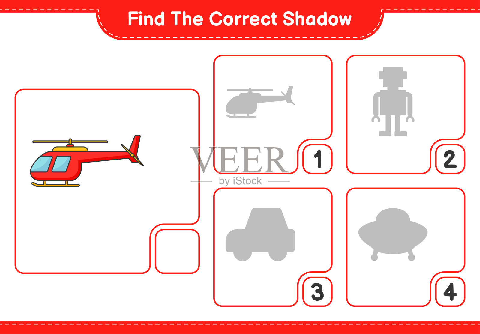 找到正确的阴影。找到并匹配直升机的正确阴影。教育儿童游戏,可打印的工作表,矢量插图插画图片素材