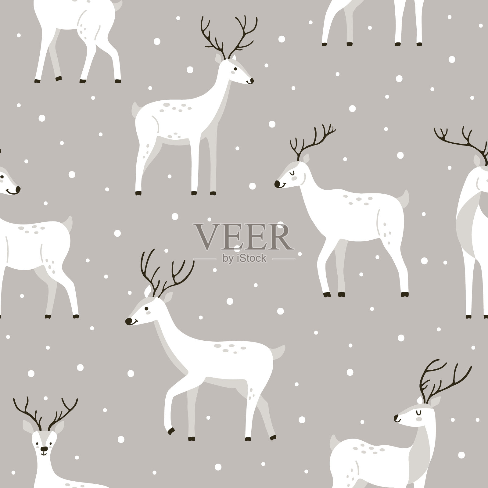 手绘冬季白鹿,灰色背景上有雪,可爱的风格。无缝矢量图案与野生动物壁纸或包装纸为新年和圣诞节冬季假期插画图片素材