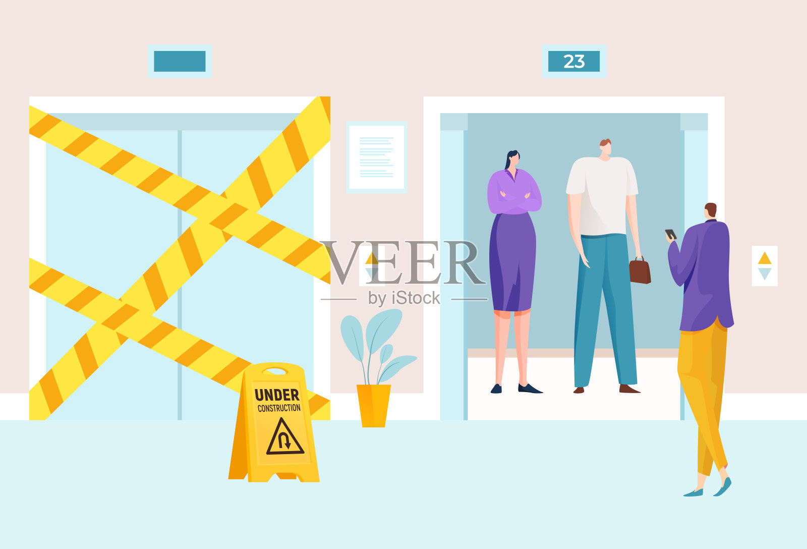 电梯开合门,矢量插图,电梯在酒店大堂内部正在施工,人男女字在高层上升插画图片素材