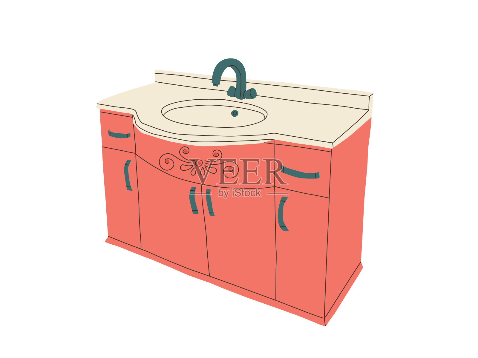 带橱柜的复古脸盆。卫生间水槽。矢量孤立的插图在白色背景上。插画图片素材