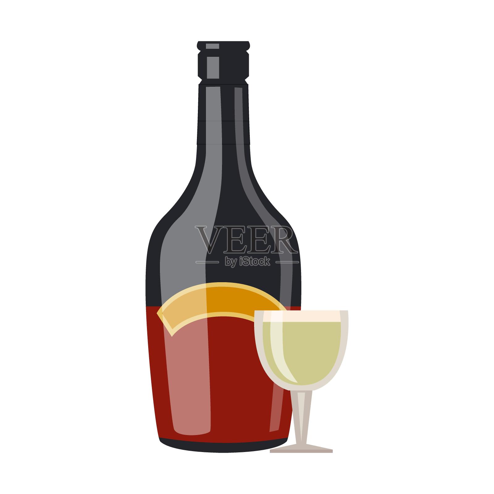 酒精饮料和玻璃矢量图。有标签的酒瓶,威士忌,朗姆酒,葡萄酒孤立在白色背景上插画图片素材