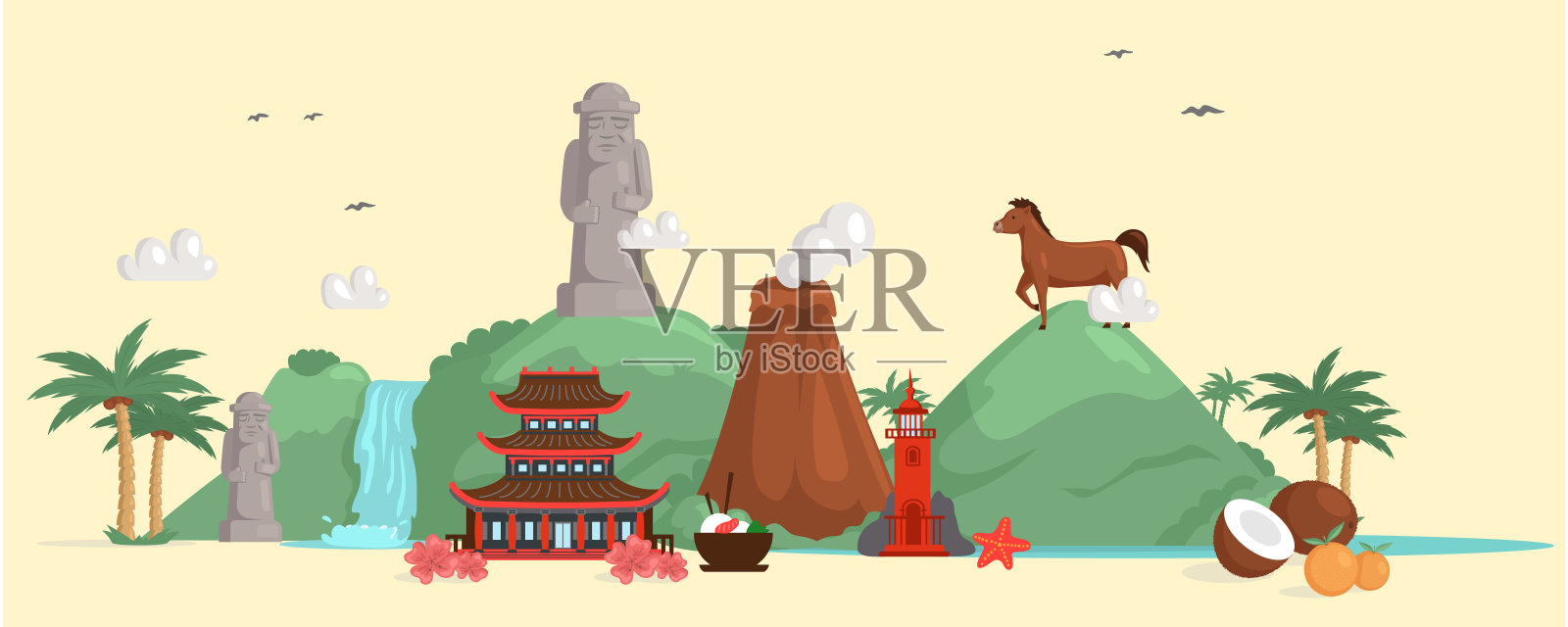 韩国的济州岛。暑假,活跃游览著名景点,冒险时光插画图片素材