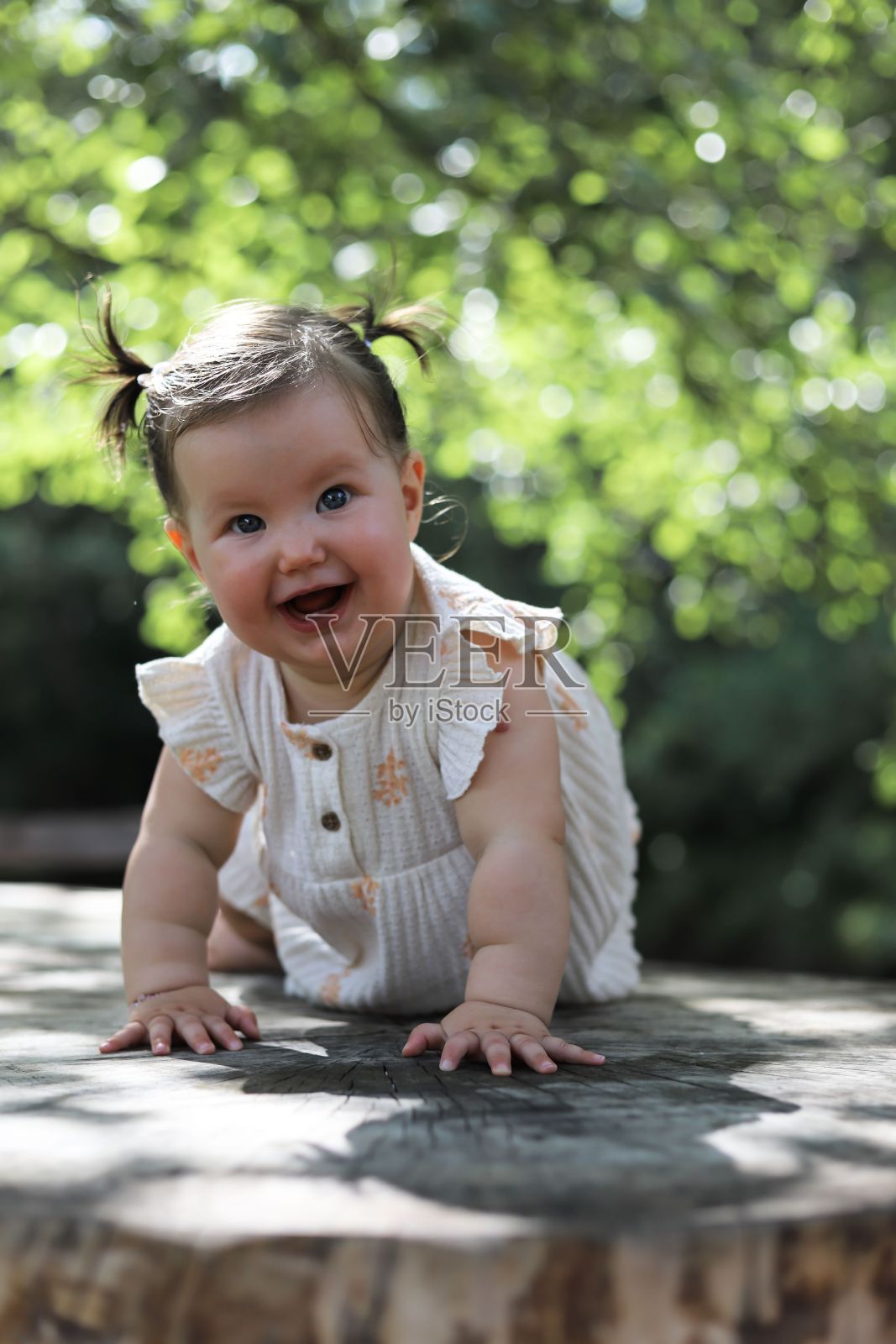 浅焦点镜头的一个可爱的女婴潦草的树干与树木和河流在bac照片摄影图片