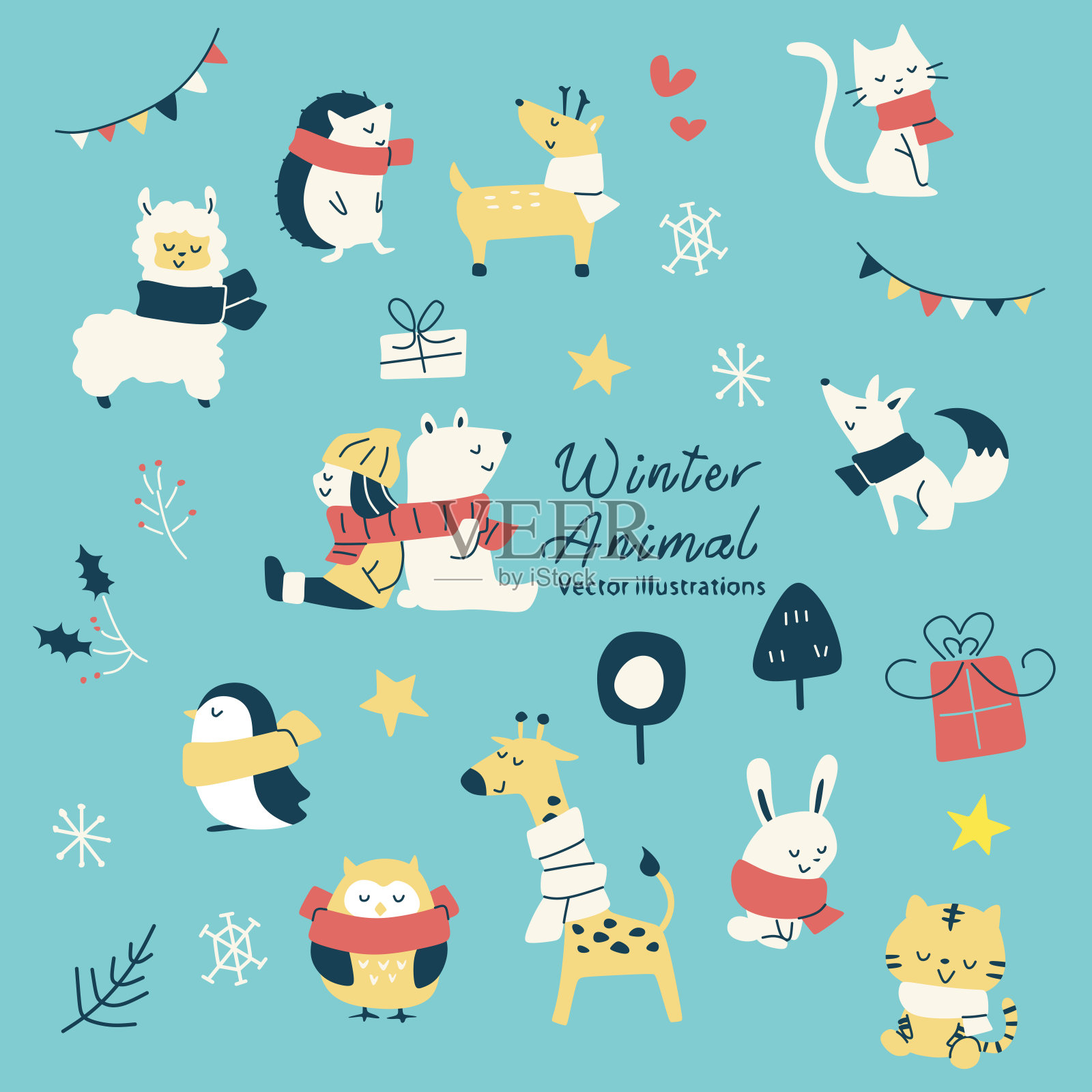 可爱的复古冬季动物插图。插画图片素材